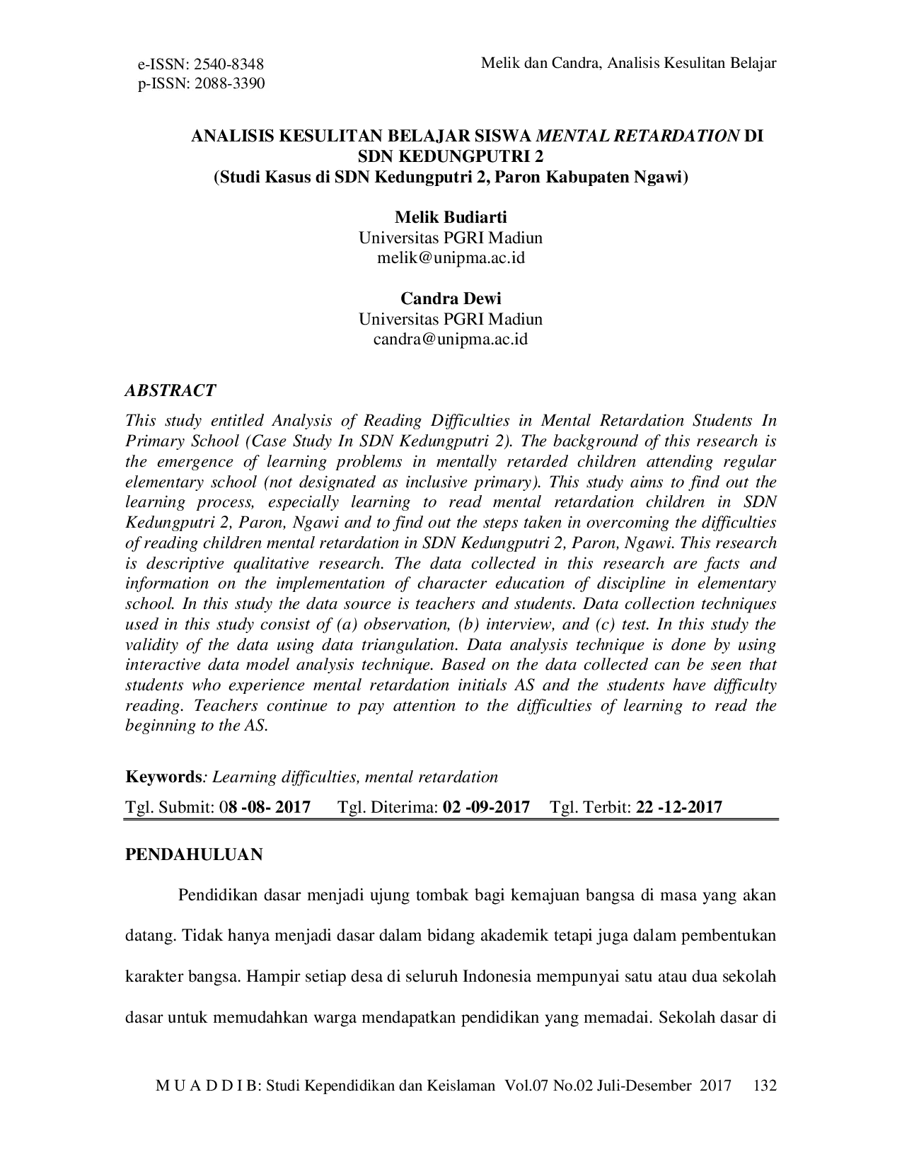JURIS ANALISIS KESULITAN BELAJAR SISWA MENTAL RETARDATION DI SDN KEDUNGPUTRI 2 Studi Kasus di SDN Kedungputri 2 Paron Kabupaten Ngawi