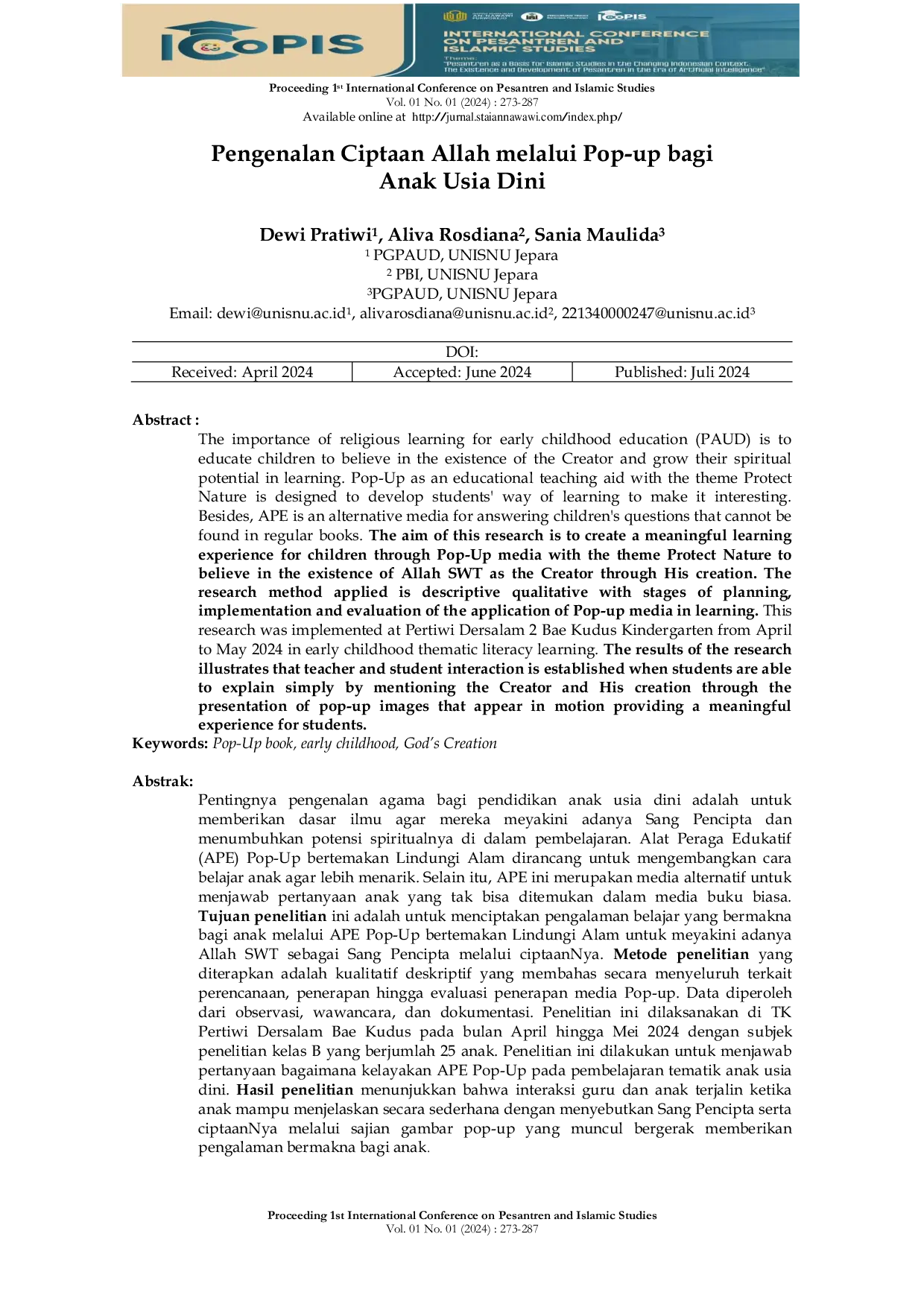 JURIS Pengenalan Ciptaan Allah melalui Pop up bagi Anak Usia Dini