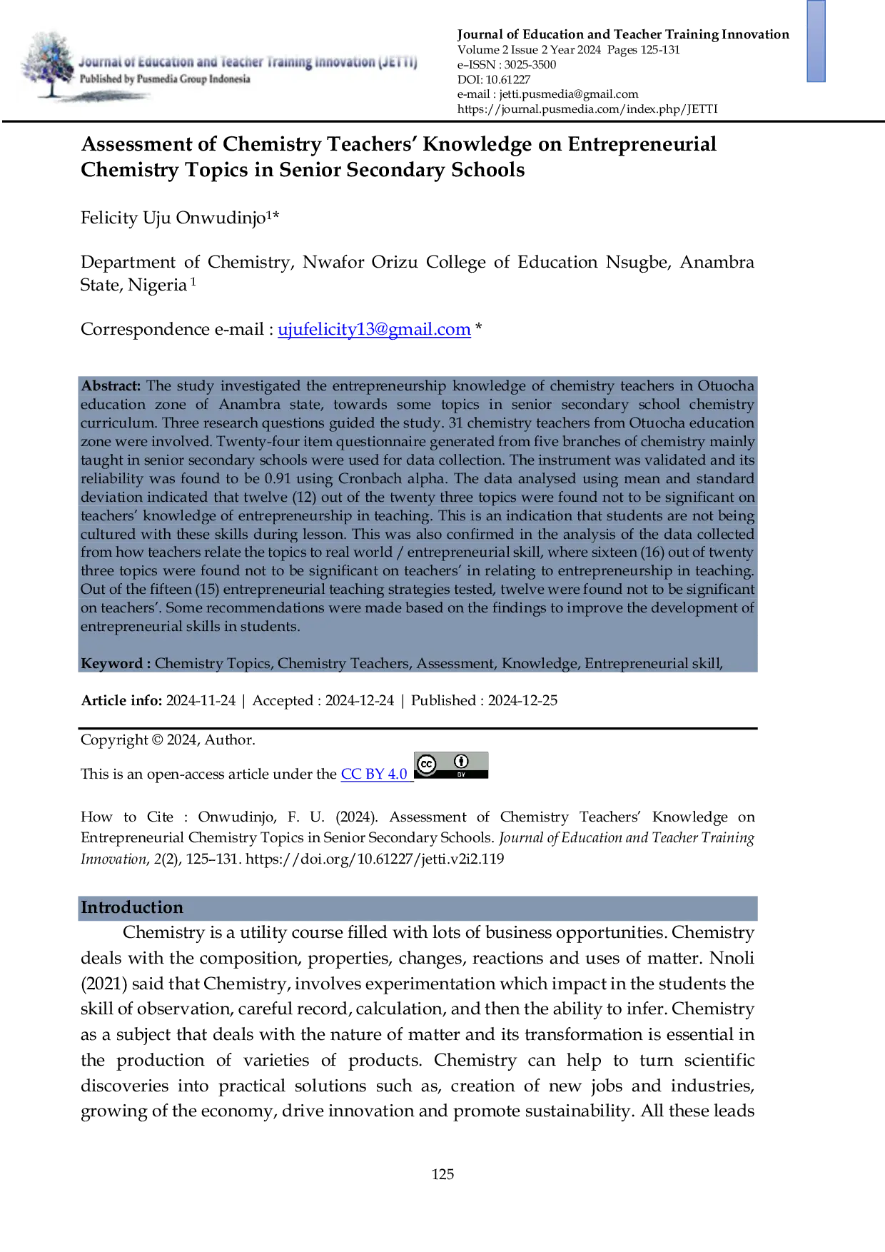 JURIS Assessment of Chemistry Teachers Knowledge on Entrepreneurial Chemistry Topics in Senior Secondary Schools