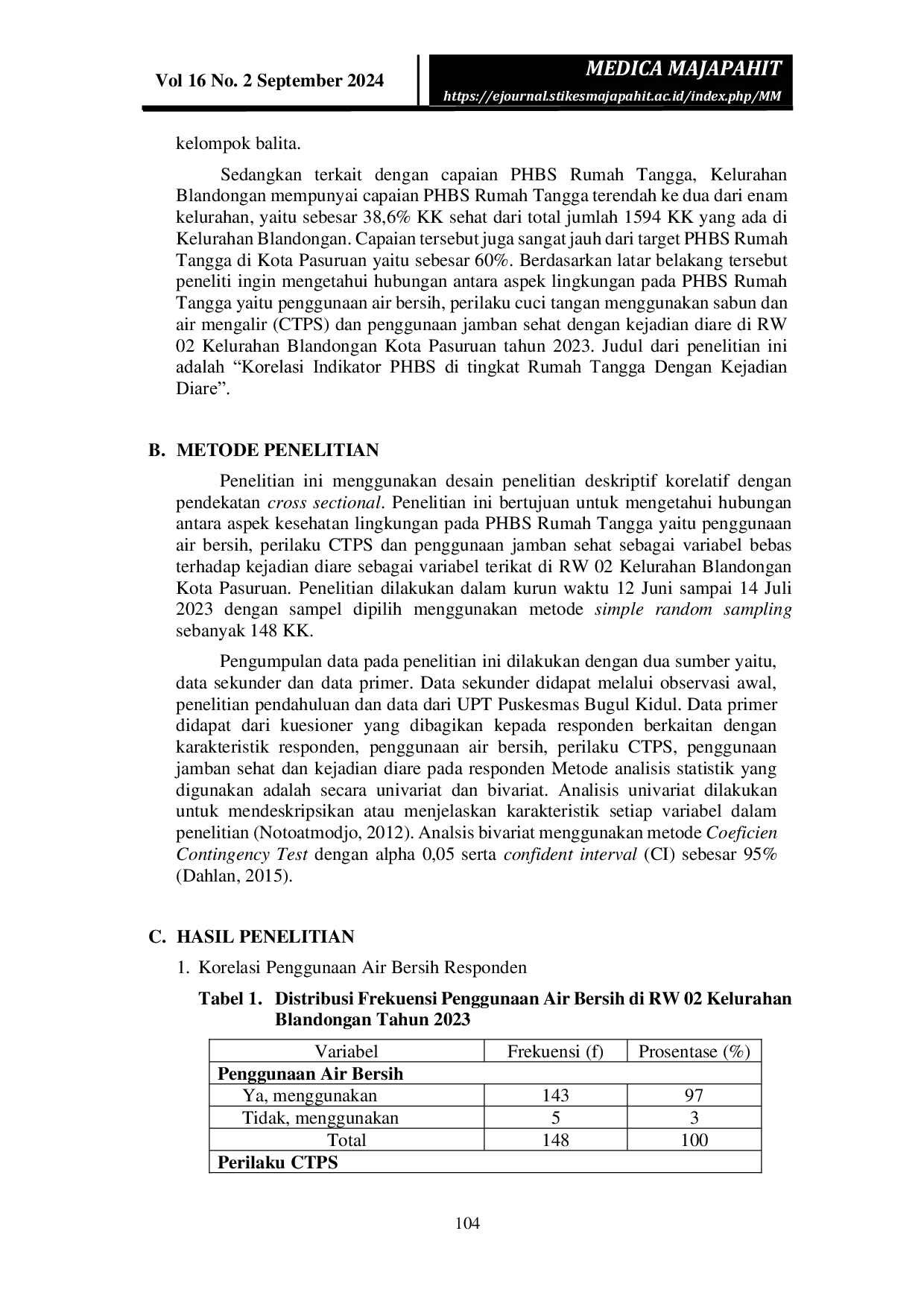 JURIS Korelasi Indikator PHBS di Tingkat Rumah Tangga dengan Kejadian Diare