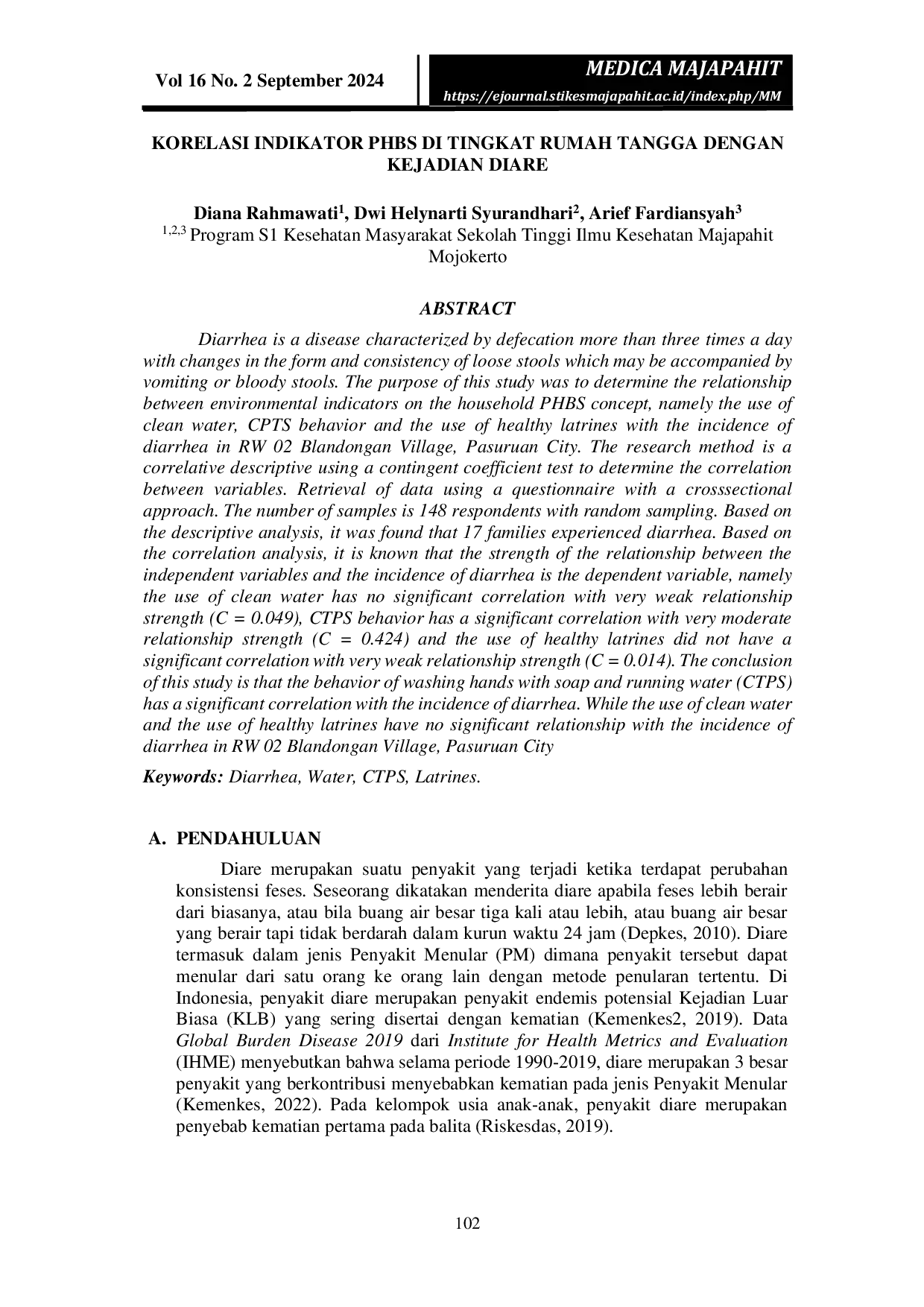 JURIS Korelasi Indikator PHBS di Tingkat Rumah Tangga dengan Kejadian Diare