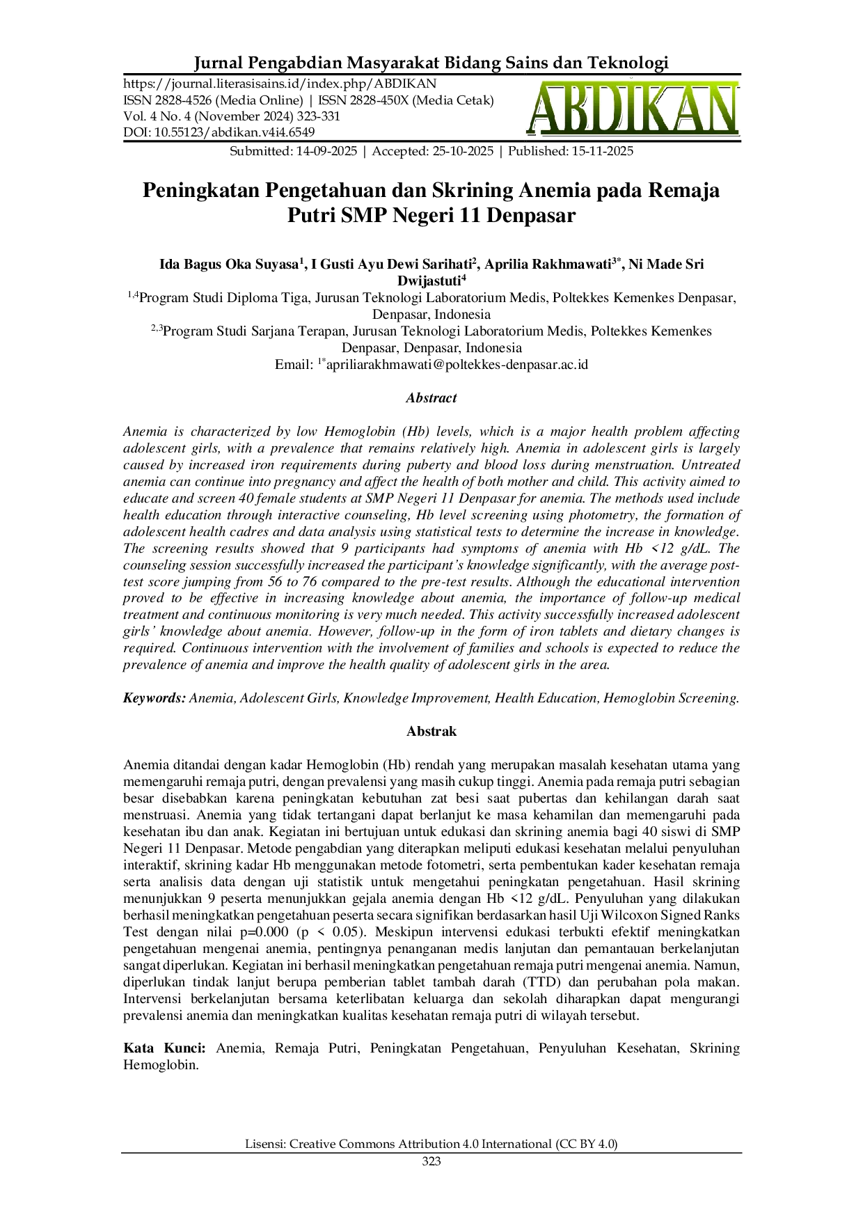 JURIS Peningkatan Pengetahuan dan Skrining Anemia pada Remaja Putri SMP Negeri 11 Denpasar