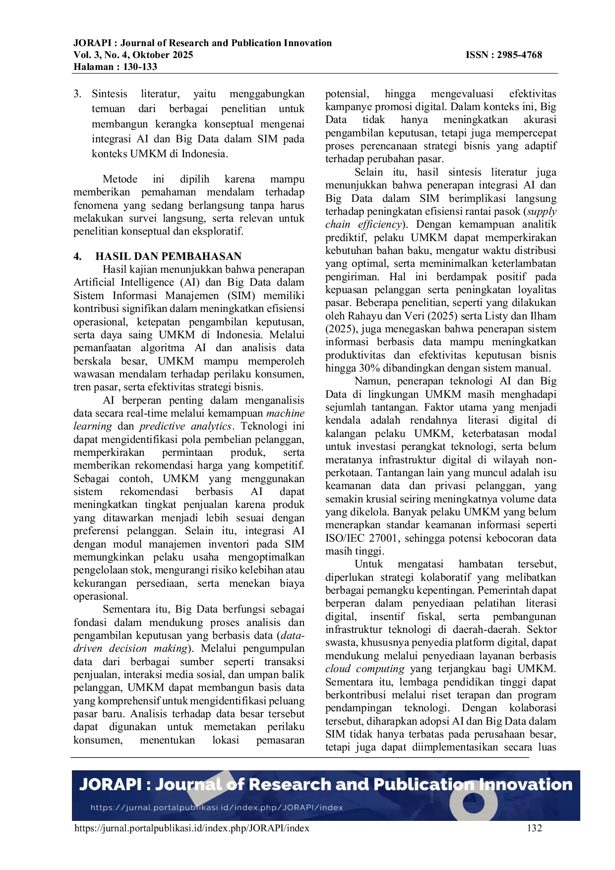 JURIS Pembahasan Integrasi Teknologi AI dan Big Data dalam Sistem Informasi Manajemen untuk Optimalisasi Keputusan UMKM