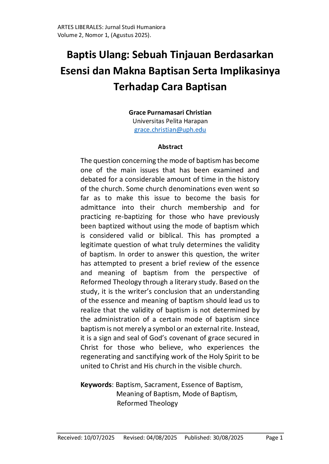 JURIS Baptis Ulang Sebuah Tinjauan Berdasarkan Esensi dan Makna Baptisan Serta Implikasinya Terhadap Cara Baptisan