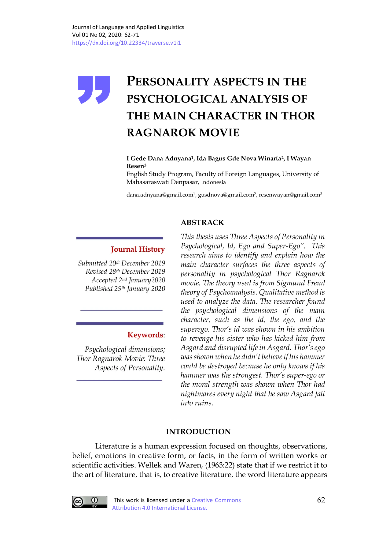 JURIS Personality aspects in the psychological analysis of the main character in thor ragnarok movie