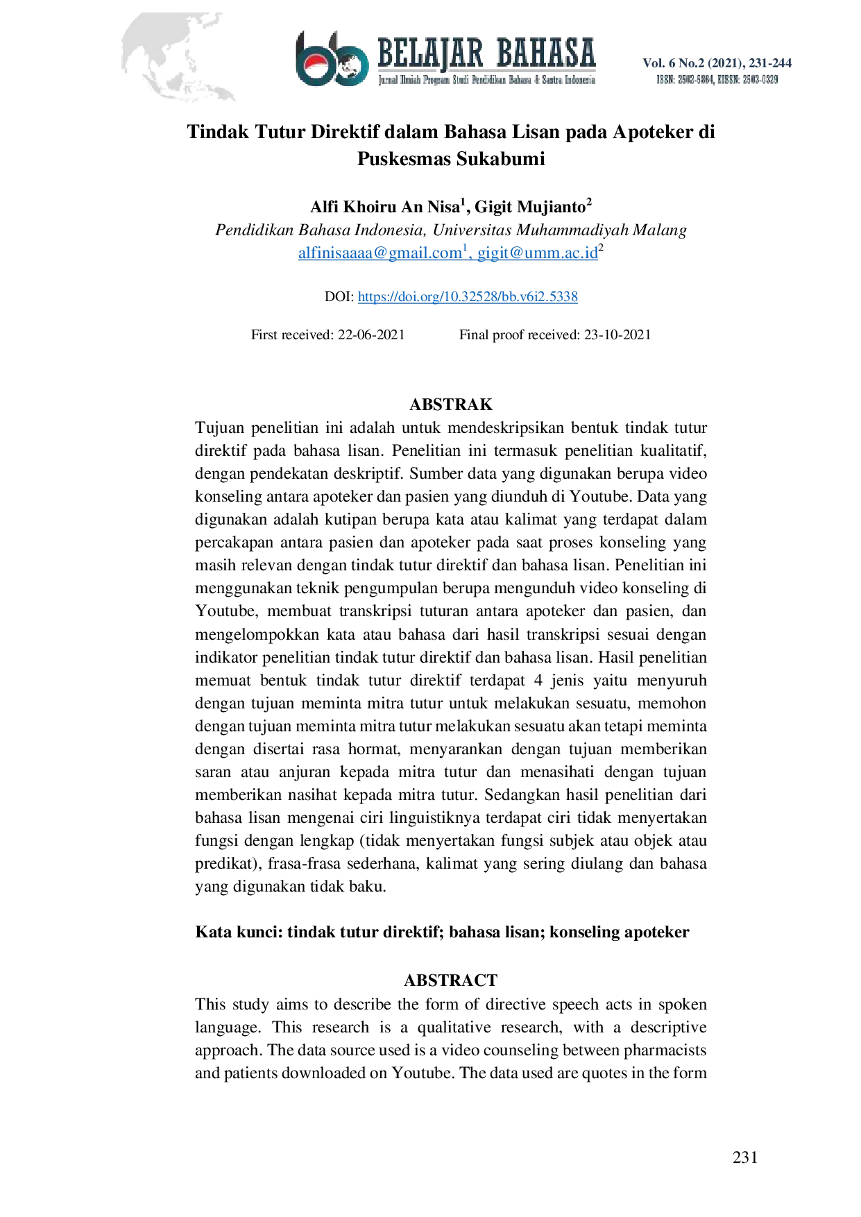 JURIS Tindak Tutur Direktif dalam Bahasa Lisan pada Apoteker di Puskesmas Sukabumi