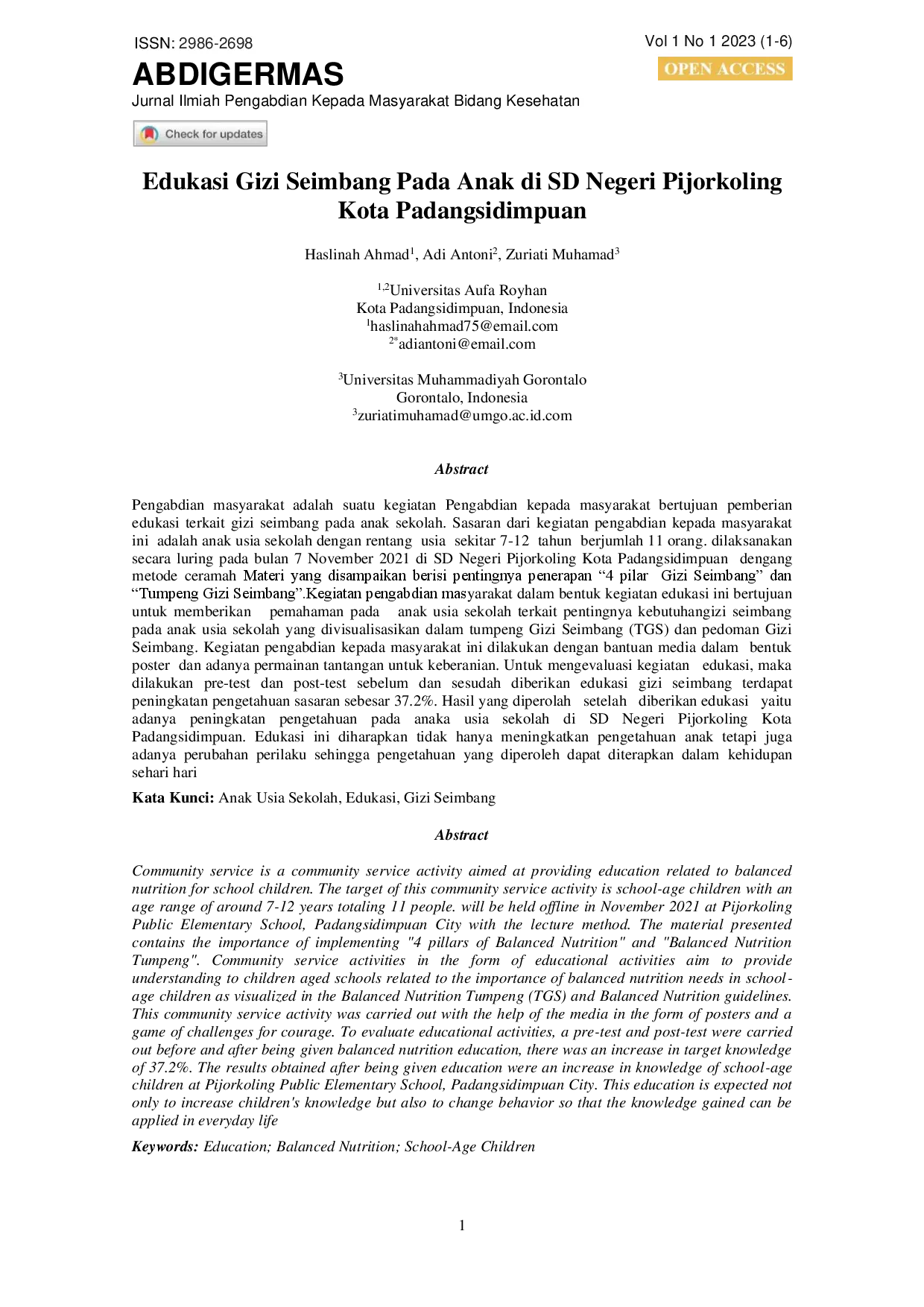 juris Edukasi Gizi Seimbang Pada Anak Di Sd Negeri Pijorkoling Kota Padangsidimpuan
