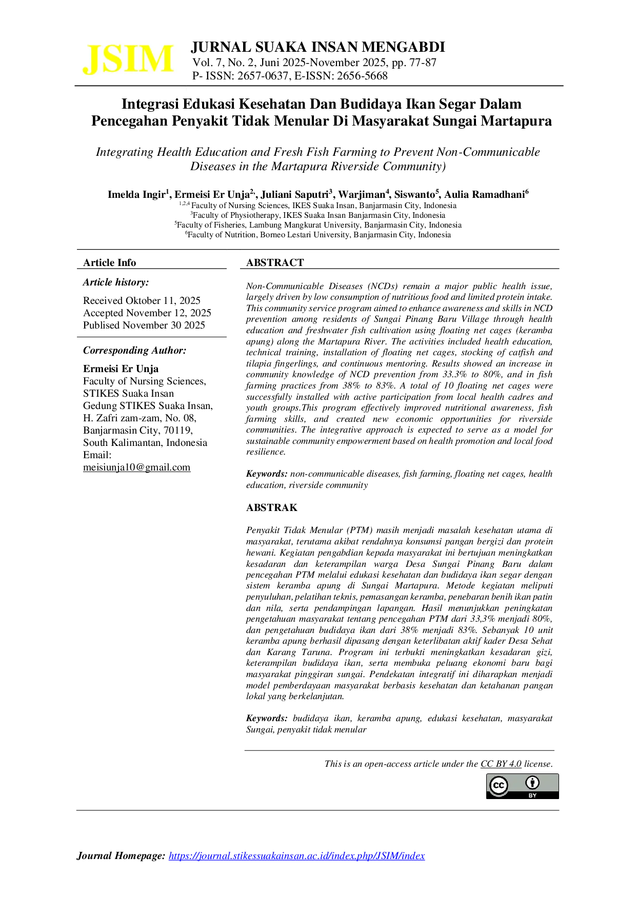 JURIS Integrasi Edukasi Kesehatan Dan Budidaya Ikan Segar Dalam Pencegahan Penyakit Tidak Menular Di Masyarakat Sungai Martapura