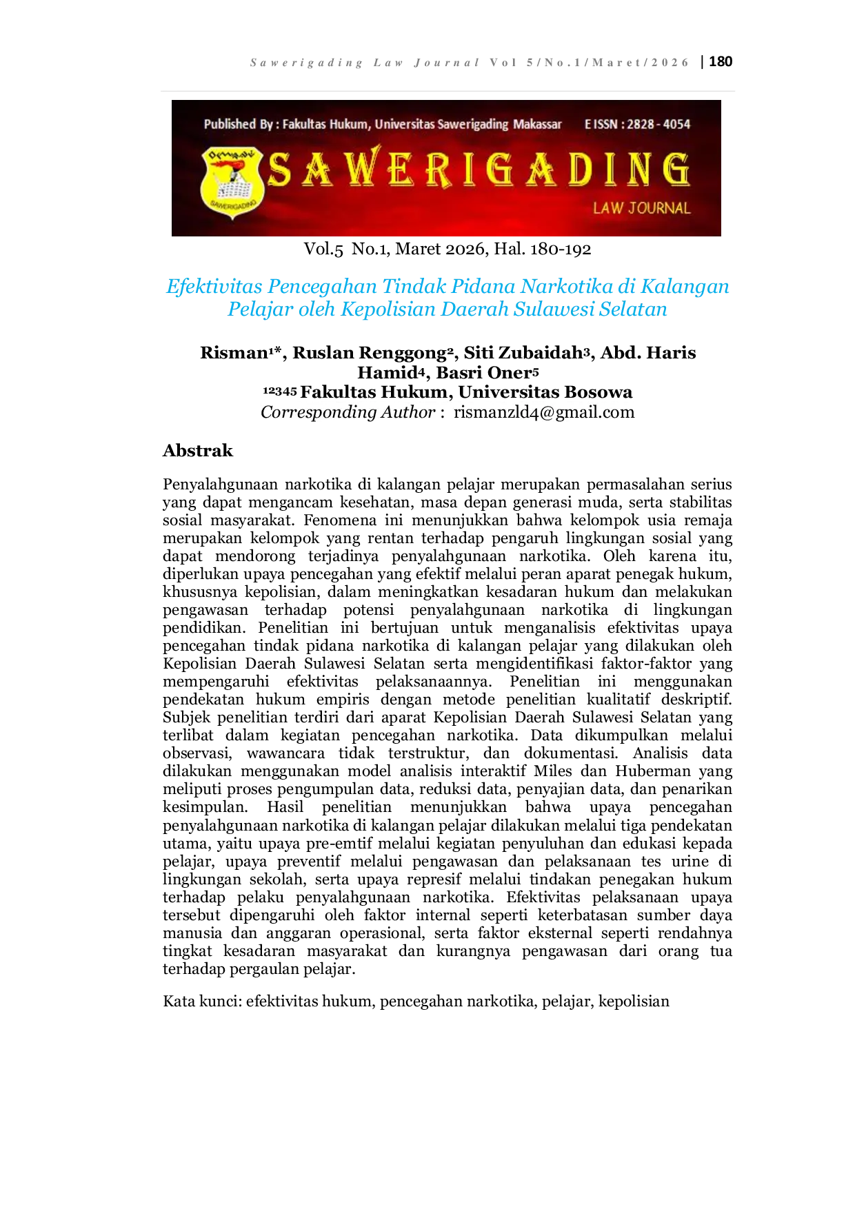 JURIS Efektivitas Pencegahan Tindak Pidana Narkotika di Kalangan Pelajar oleh Kepolisian Daerah Sulawesi Selatan