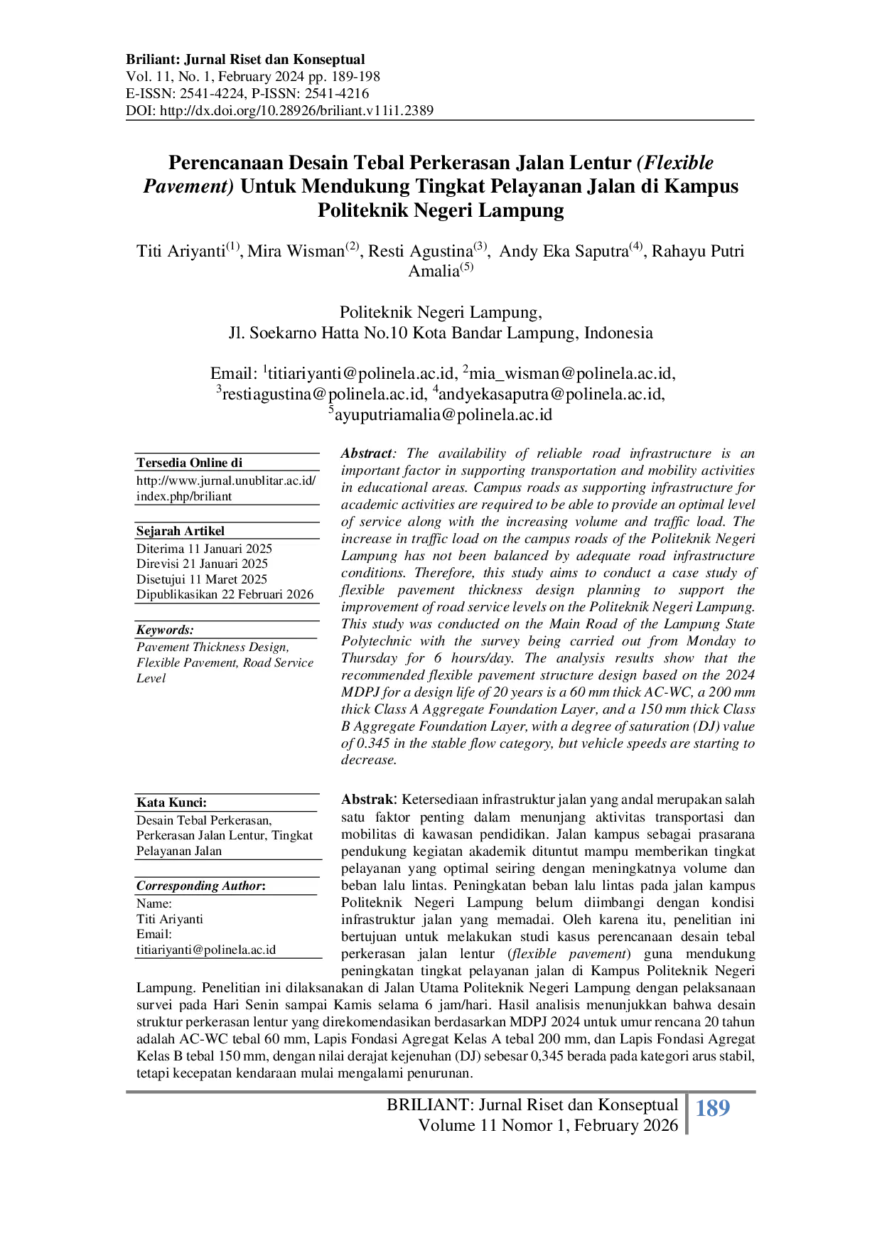 JURIS Perencanaan Desain Tebal Perkerasan Jalan Lentur Flexible Pavement Untuk Mendukung Tingkat Pelayanan Jalan di Kampus Politeknik Negeri Lampung
