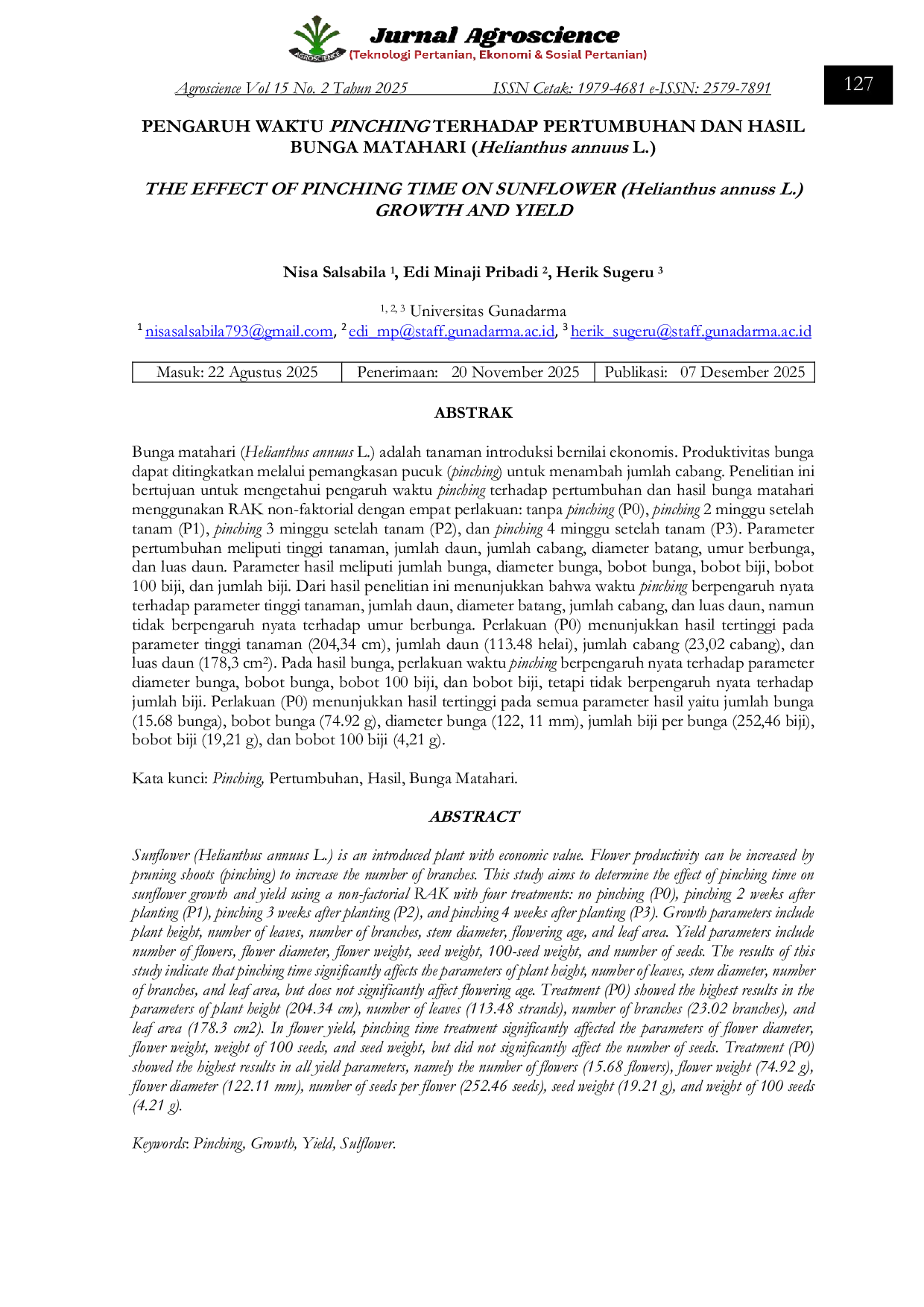 JURIS PENGARUH WAKTU PINCHING TERHADAP PERTUMBUHAN DAN HASIL BUNGA MATAHARI Helianthus annuus L