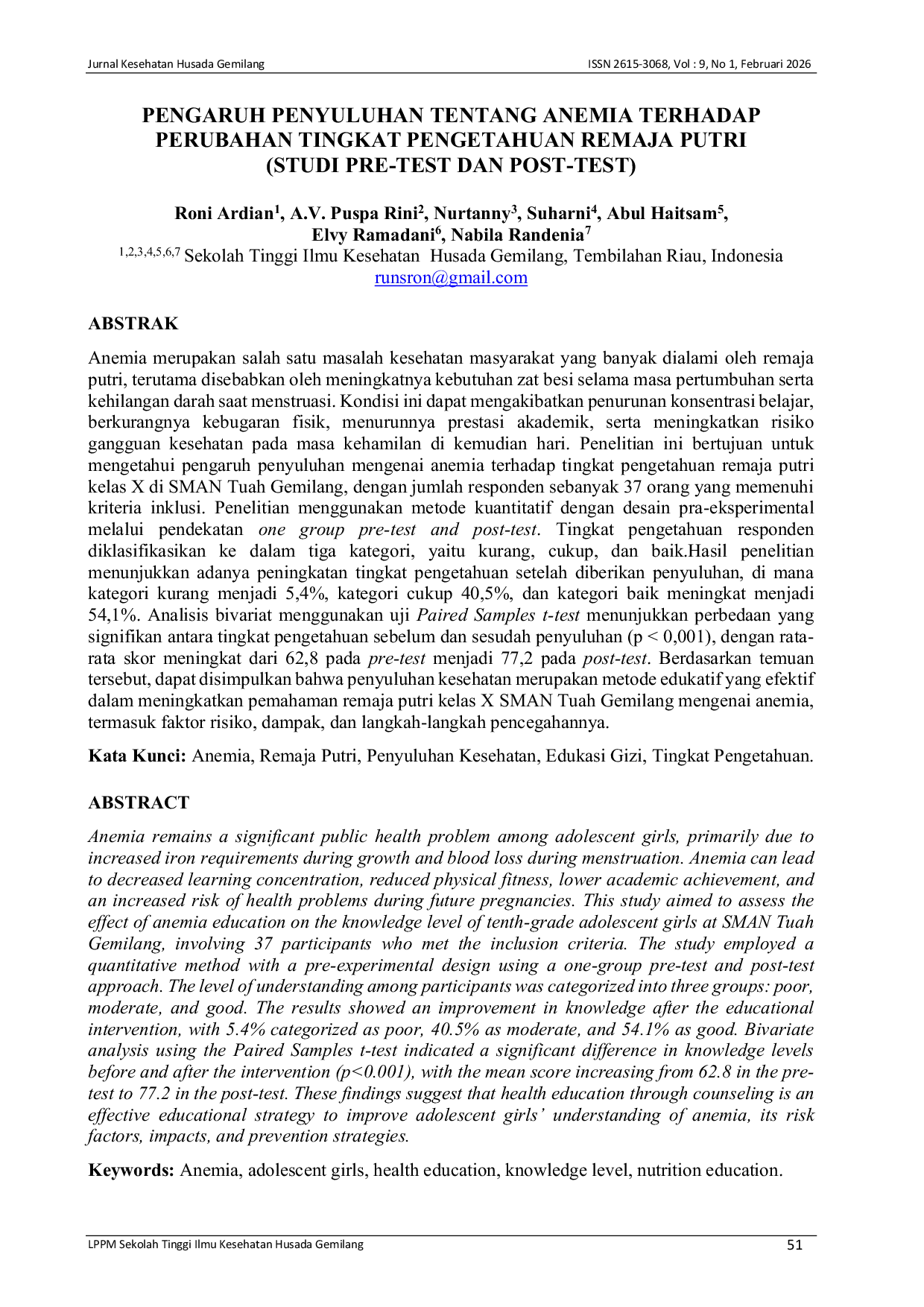 JURIS Pengaruh Penyuluhan Tentang Anemia Terhadap Perubahan Tingkat Pengetahuan Remaja Putri Studi Pre Test Dan Post Test