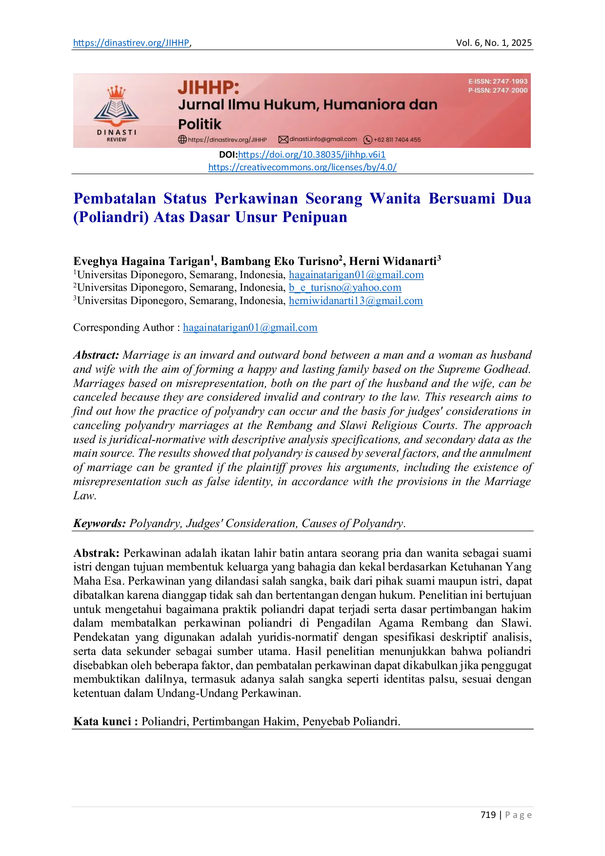 JURIS Pembatalan Status Perkawinan Seorang Wanita Bersuami Dua Poliandri Atas Dasar Unsur Penipuan