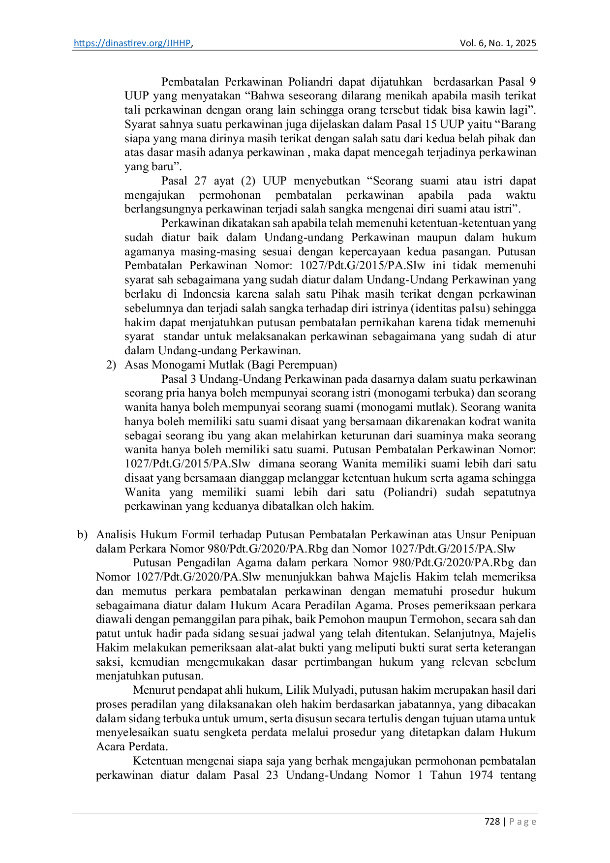 JURIS Pembatalan Status Perkawinan Seorang Wanita Bersuami Dua Poliandri Atas Dasar Unsur Penipuan