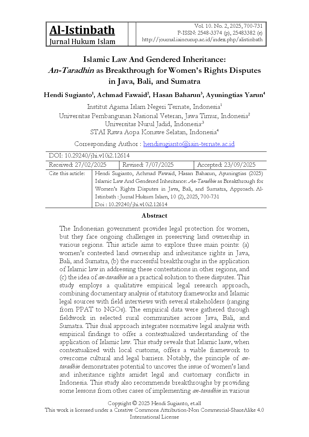 juris Islamic Law And Gendered Inheritance An Taradhin as Breakthrough for Women s Rights Disputes in Java Bali and Sumatra