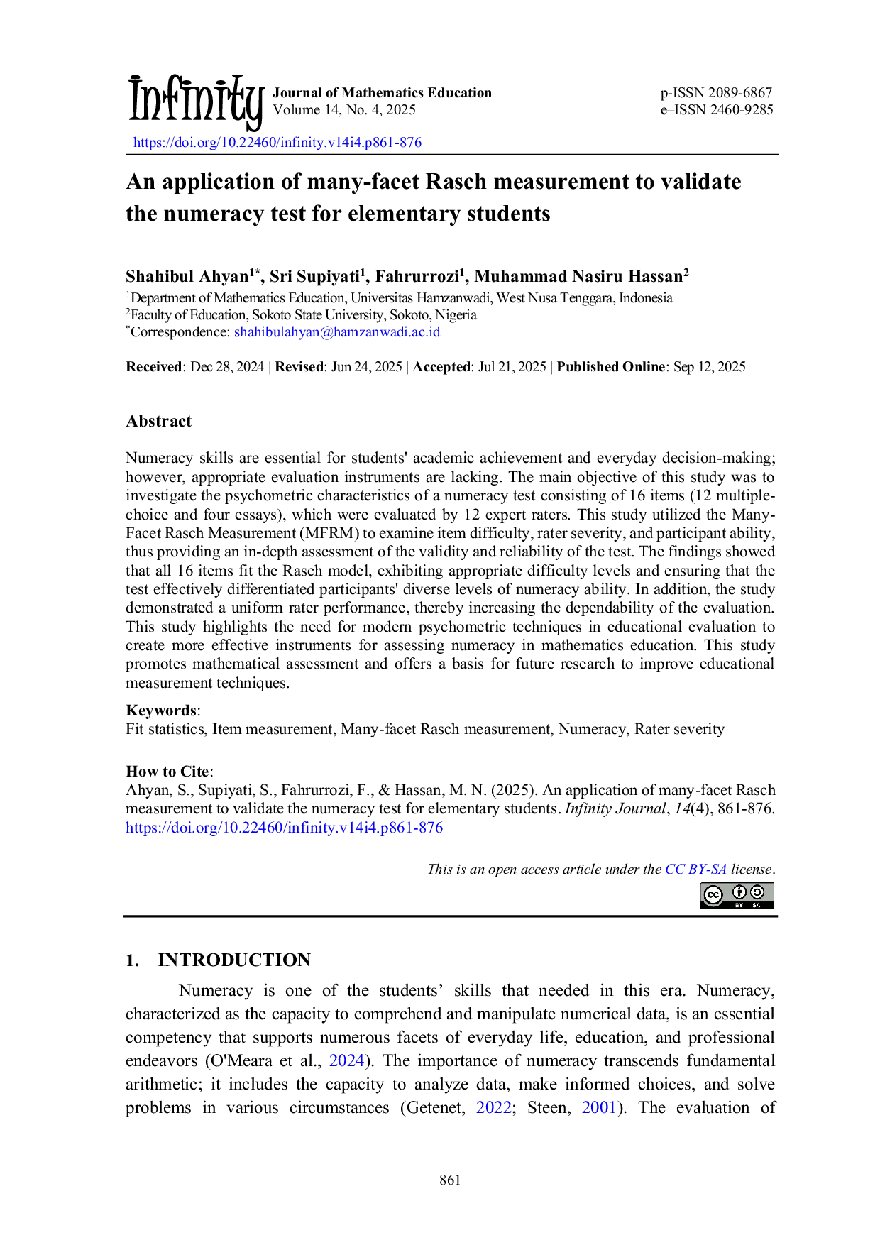 JURIS An application of many facet Rasch measurement to validate the numeracy test for elementary students