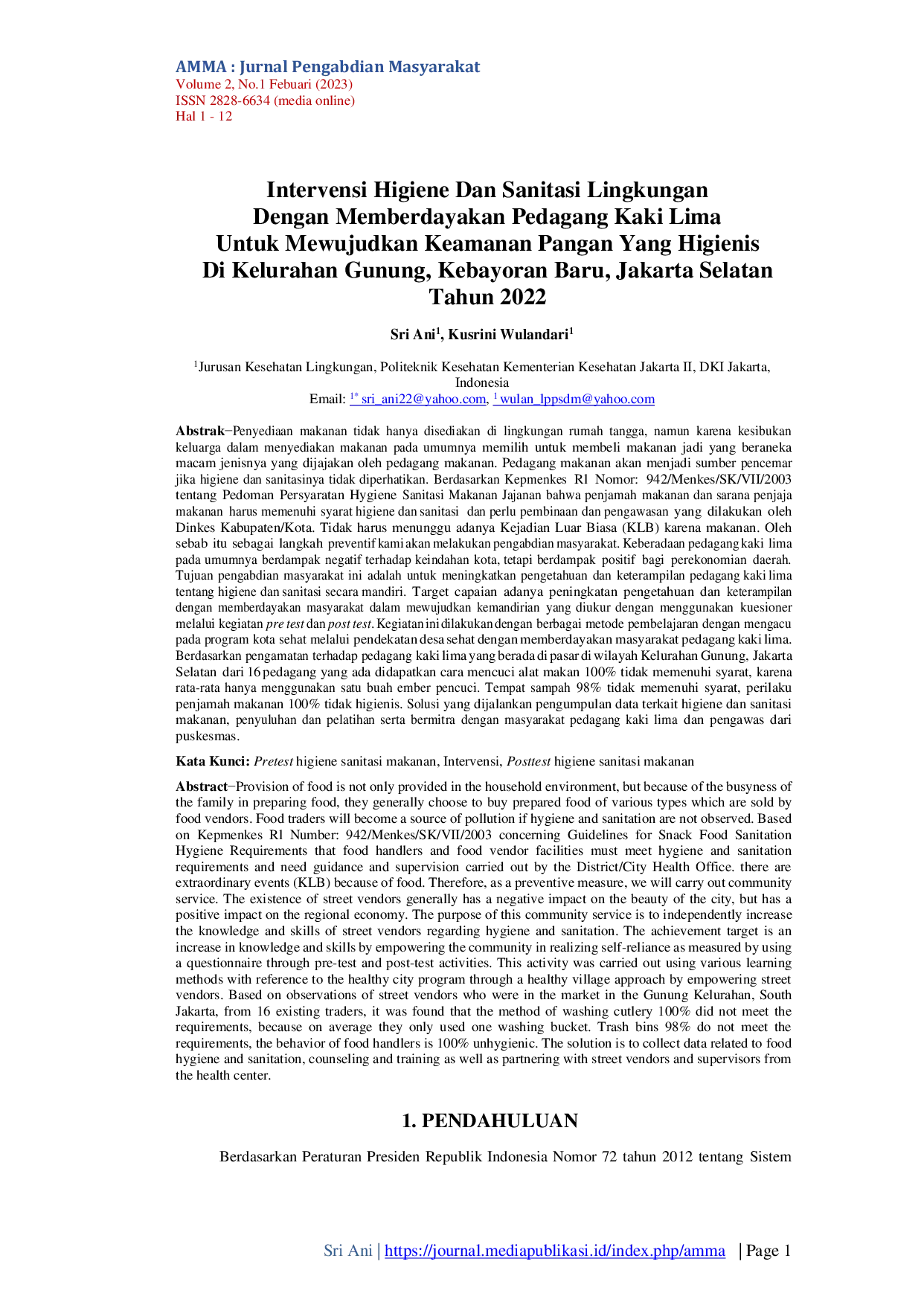 JURIS Intervensi Higiene Dan Sanitasi Lingkungan Dengan Memberdayakan Pedagang Kaki Lima Untuk Mewujudkan Keamanan Pangan Yang Higienis Di Kelurahan Gunung Kebayoran Baru Jakarta Selatan Tahun 2022