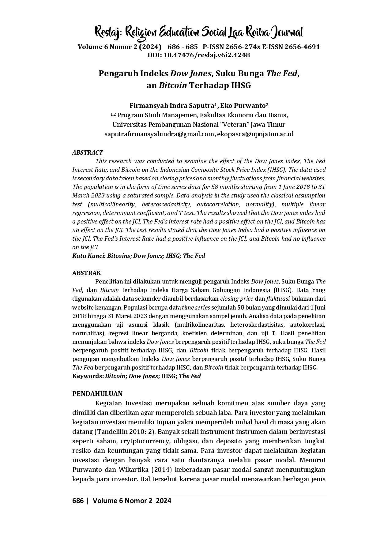 juris Pengaruh Indeks Dow Jones Suku Bunga The Fed Dan Bitcoin terhadap IHSG