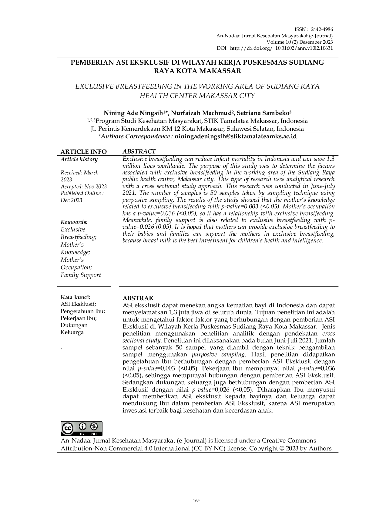 JURIS Pemberian Asi Eksklusif Di Wilayah Kerja Puskesmas Sudiang Raya Kota Makassar