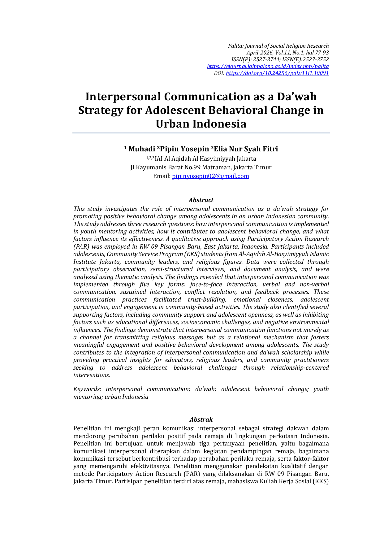JURIS Interpersonal Communication as a Da wah Strategy for Adolescent Behavioral Change in Urban Indonesia