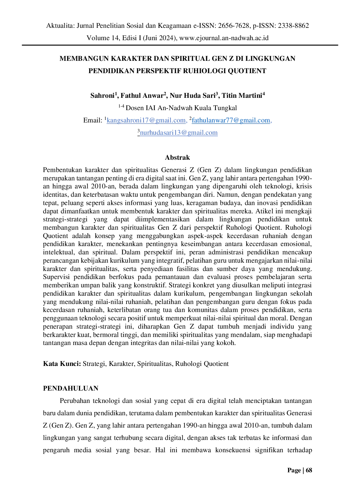 JURIS Membangun Karakter Dan Spiritual Gen Z Di Lingkungan Pendidikan Perspektif Ruhiologi Quotient