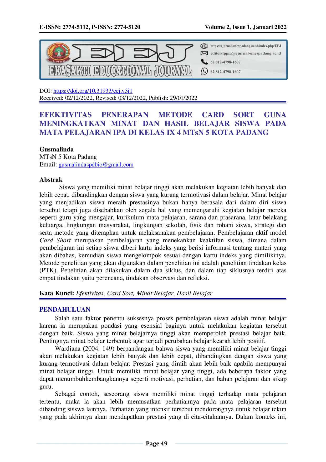 JURIS EFEKTIVITAS PENERAPAN METODE CARD SORT GUNA MENINGKATKAN MINAT DAN HASIL BELAJAR SISWA PADA MATA PELAJARAN IPA DI KELAS IX 4 MTsN 5 KOTA PADANG