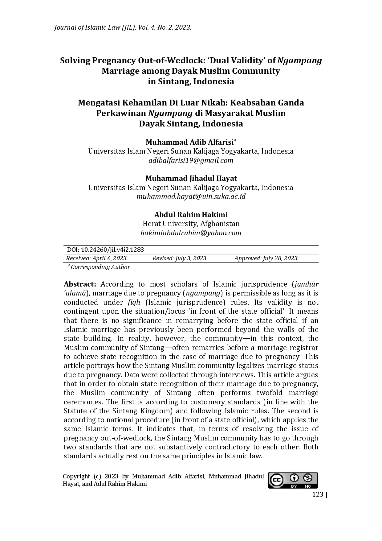 juris Solving Pregnancy Out of Wedlock Dual Validity of Ngampang Marriage among Dayak Muslim Community in Sintang Indonesia