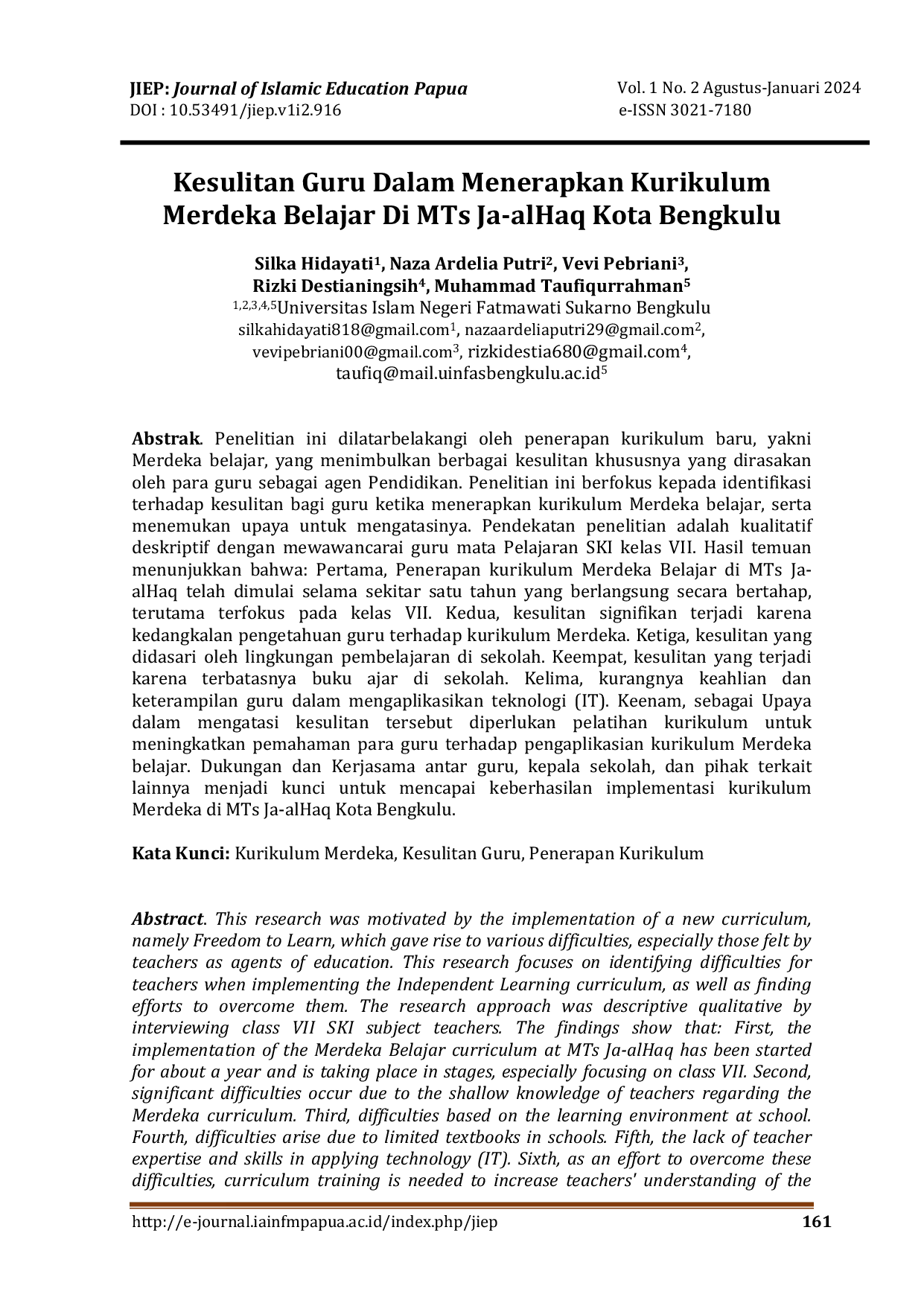 JURIS Kesulitan Guru Dalam Menerapkan Kurikulum Merdeka Belajar Di MTs Ja alHaq Kota Bengkulu