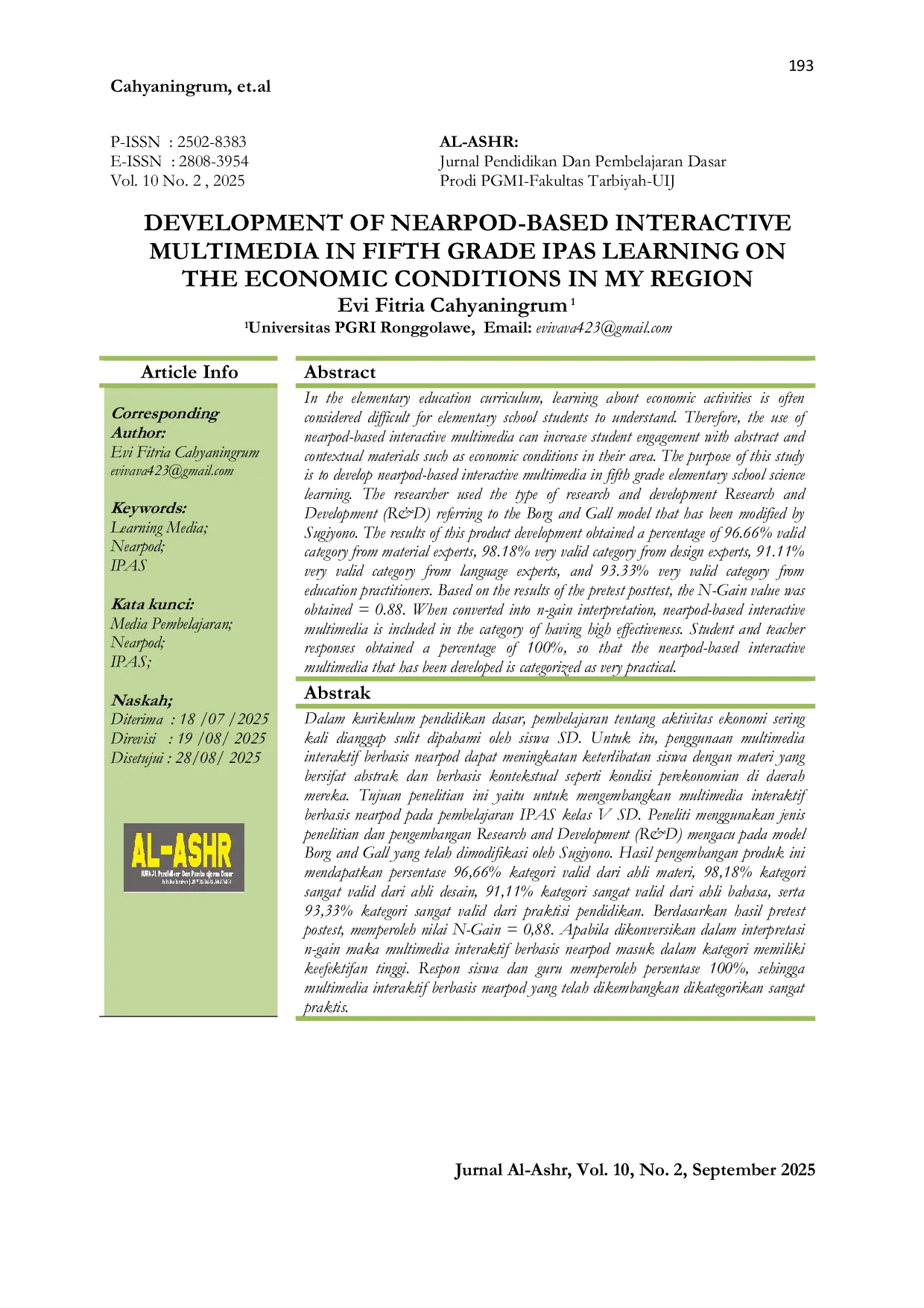 JURIS DEVELOPMENT OF NEARPOD BASED INTERACTIVE MULTIMEDIA IN FIFTH GRADE IPAS LEARNING ON THE ECONOMIC CONDITIONS IN MY REGION