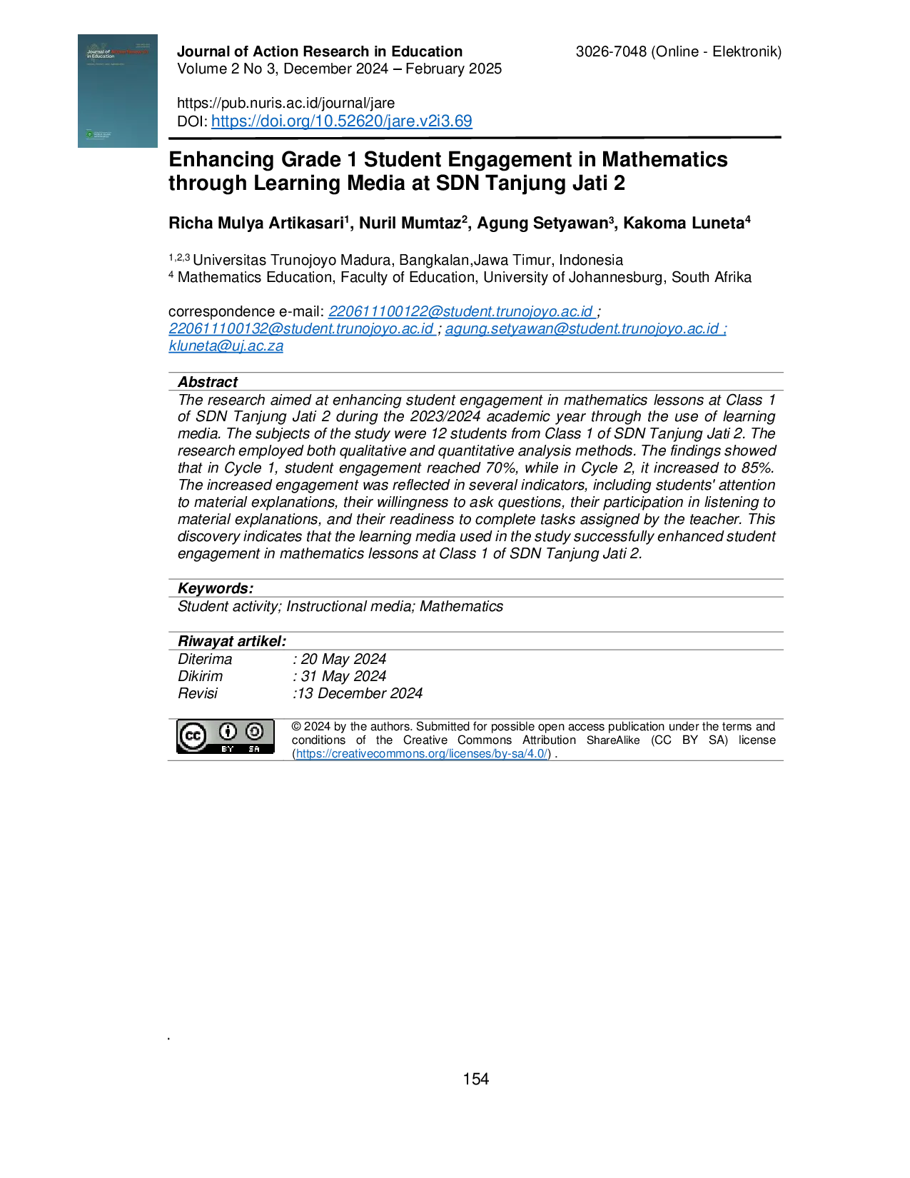 juris Enhancing Grade 1 Student Engagement in Mathematics through Learning Media at SDN Tanjung Jati 2
