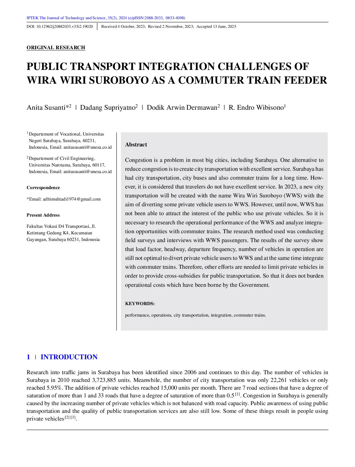 JURIS Public Transport Integration Challenges of Wira Wiri Suroboyo as a Commuter Train Feeder