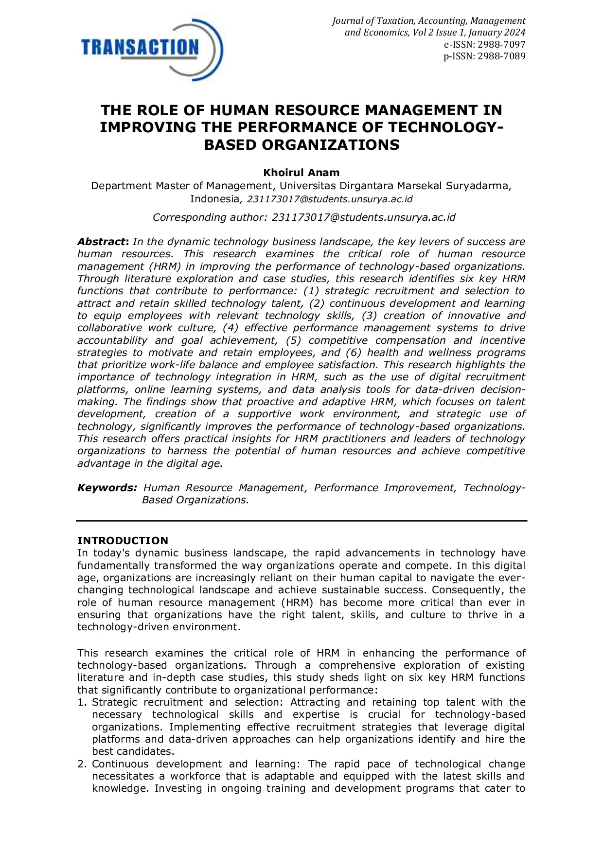 JURIS The Role of Human Resource Management in Improving the Performance of Technology Based Organizations