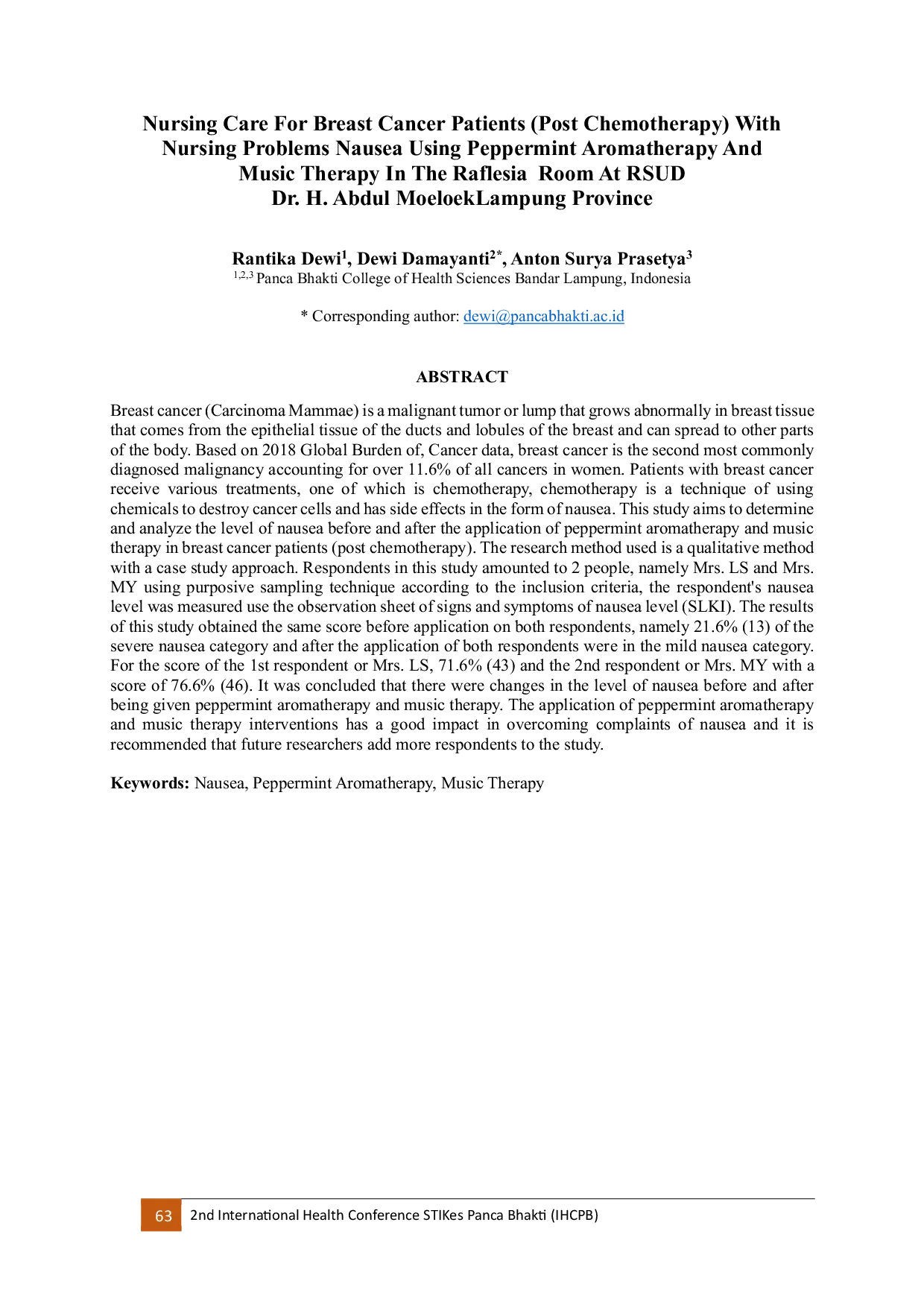 JURIS Nursing Care For Breast Cancer Patients Post Chemotherapy With Nursing Problems Nausea Using Peppermint Aromatherapy And Music Therapy In The Raflesia Room At RSUD Dr H Abdul Moeloek Lampung Prov