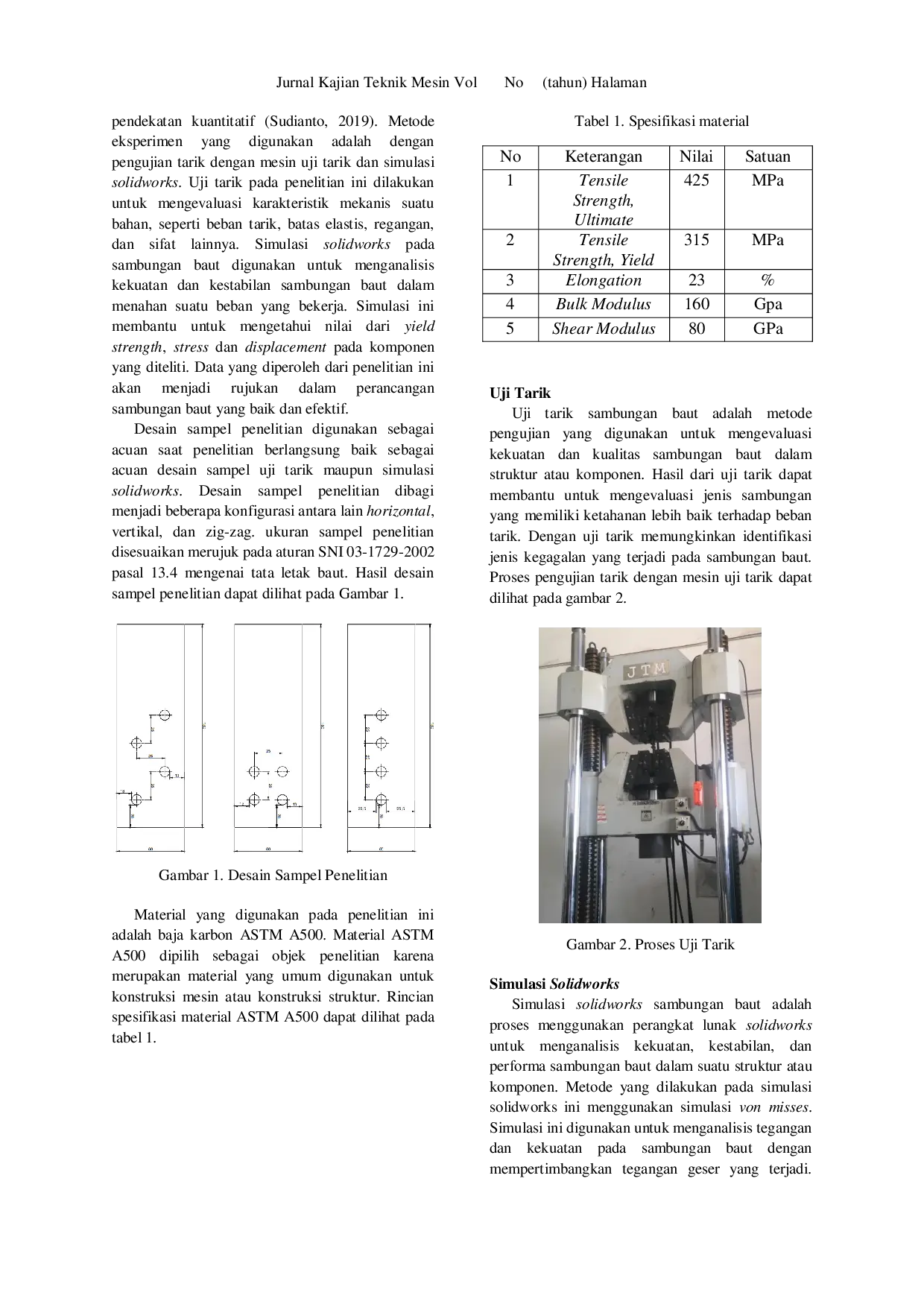 JURIS Pengaruh Variasi Jarak dan Letak Hole Joint pada Kekuatan Sambungan Baut