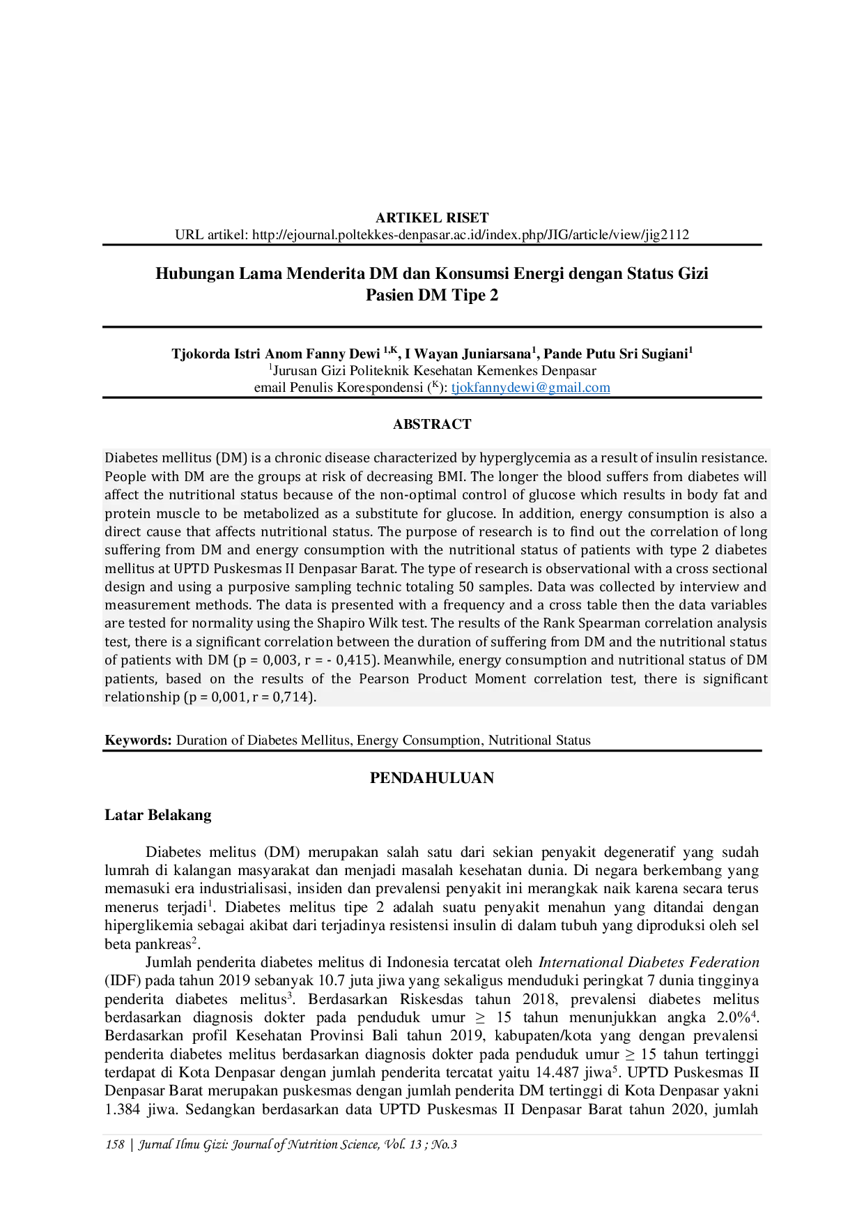 JURIS Hubungan Lama Menderita DM dan Konsumsi Energi dengan Status Gizi Pasien DM Tipe 2