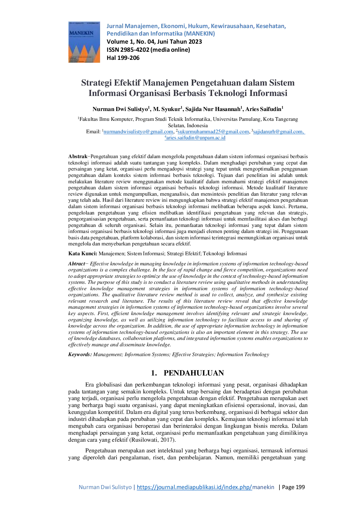 JURIS Strategi Efektif Manajemen Pengetahuan dalam Sistem Informasi Organisasi Berbasis Teknologi Informasi