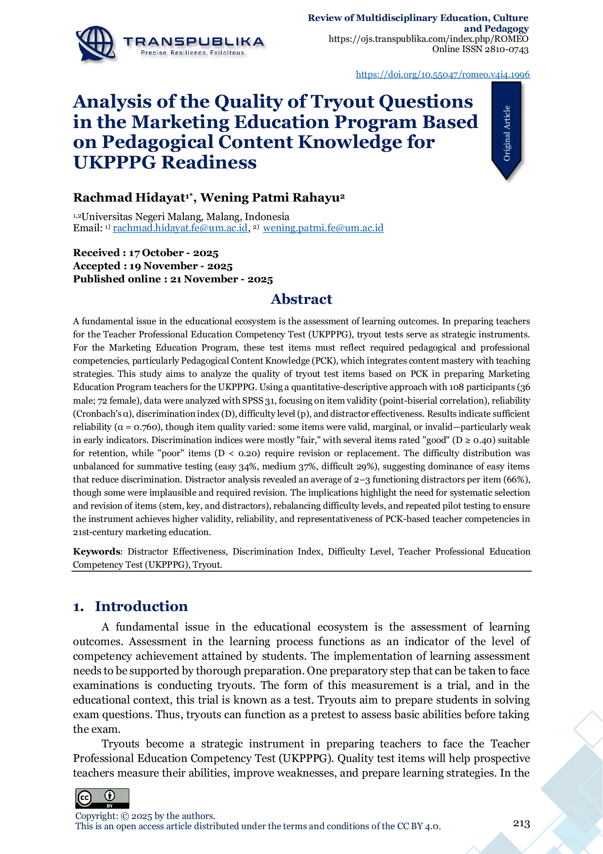 JURIS Analysis of the Quality of Tryout Questions in the Marketing Education Program Based on Pedagogical Content Knowledge for UKPPPG Readiness