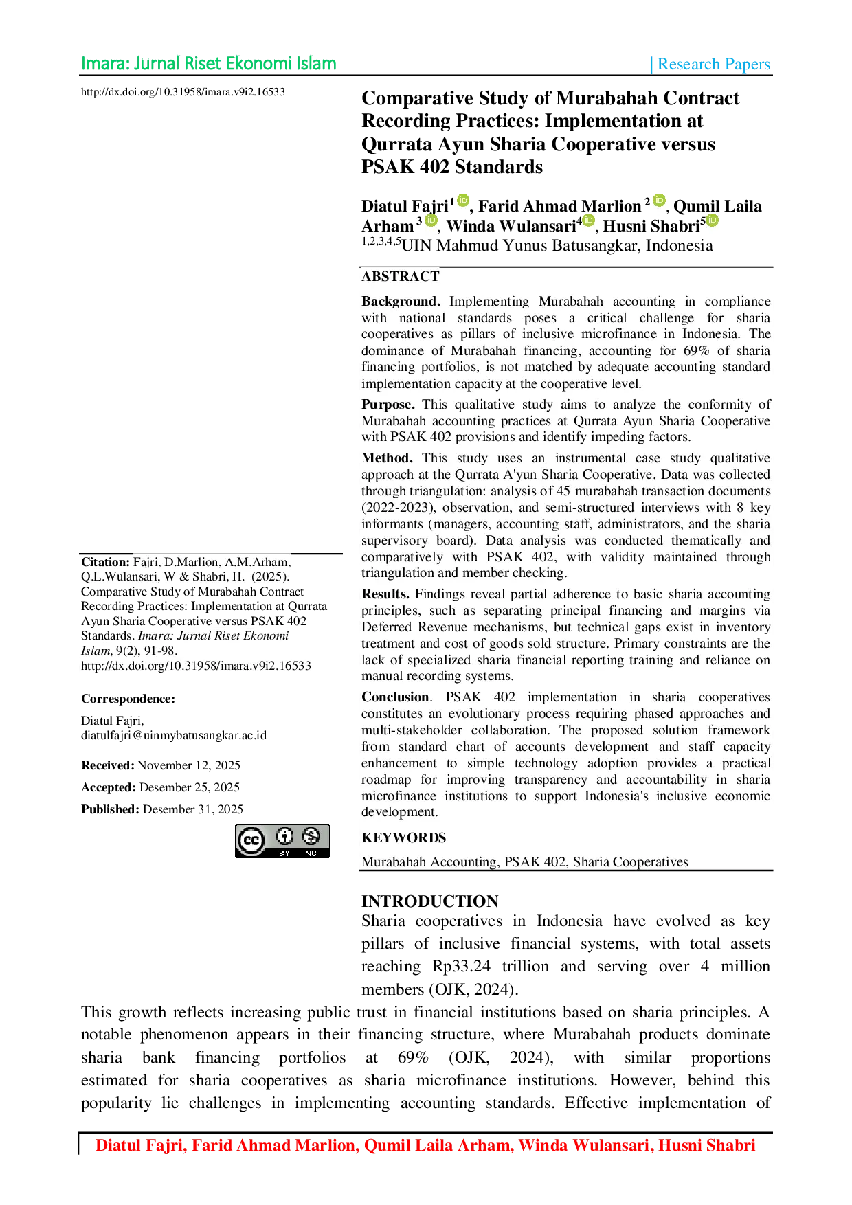 JURIS Comparative Study of Murabahah Contract Recording Practices Implementation at Qurrata Ayun Sharia Cooperative versus PSAK 402 Standards