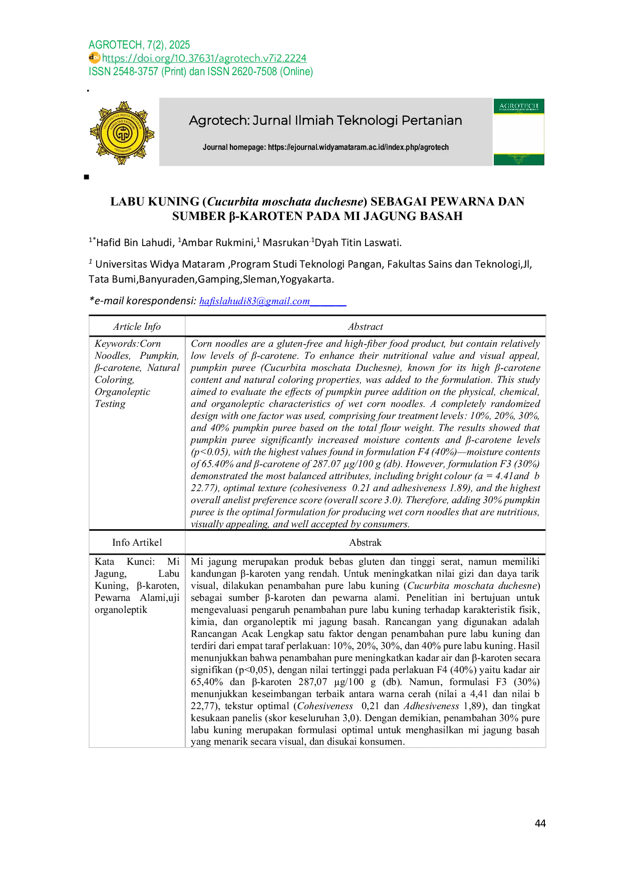 JURIS Labu Kuning Cucurbita moschata duchesne Sebagai Pewarna dan Sumber Karoten pada Mi Jagung Basah
