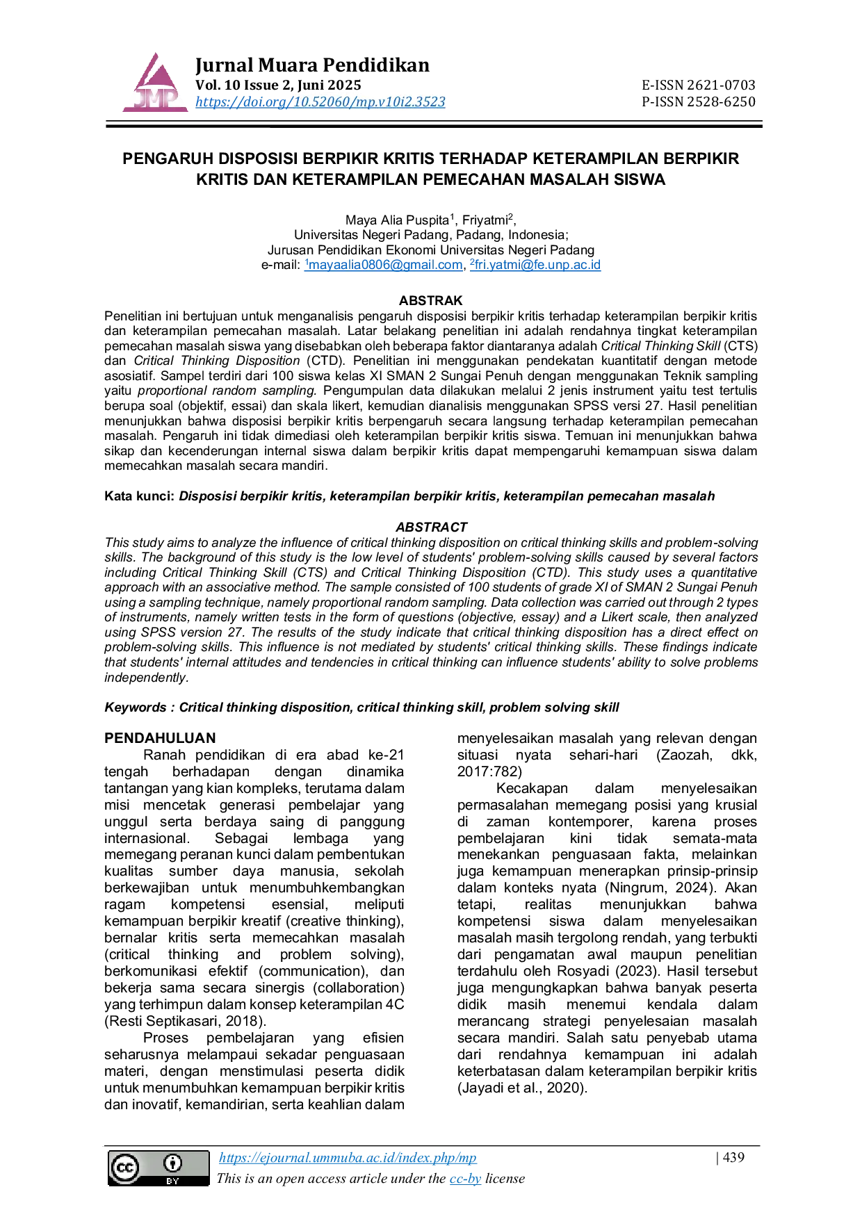 JURIS Pengaruh Disposisi Berpikir Kritis Terhadap Keterampilan Berpikir Kritis dan Keterampilan Pemecahan Masalah Siswa