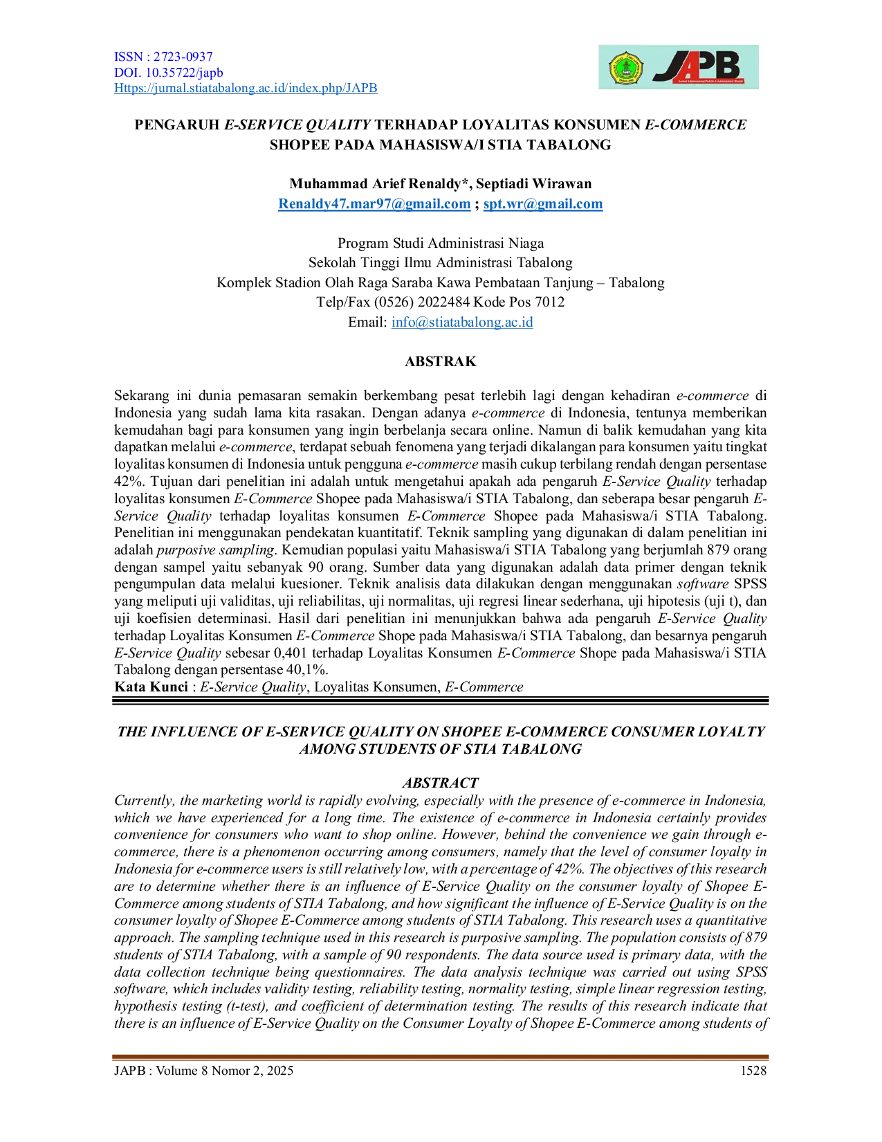 JURIS PENGARUH E SERVICE QUALITY TERHADAP LOYALITAS KONSUMEN E COMMERCE SHOPEE PADA MAHASISWA I STIA TABALONG