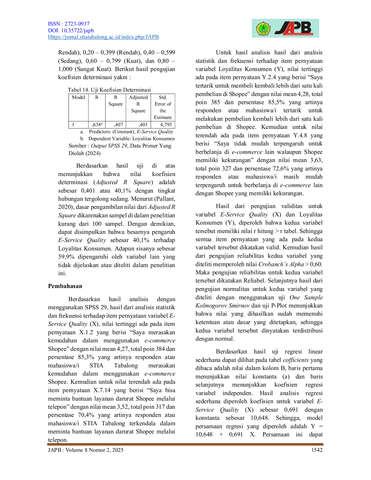 JURIS PENGARUH E SERVICE QUALITY TERHADAP LOYALITAS KONSUMEN E COMMERCE SHOPEE PADA MAHASISWA I STIA TABALONG