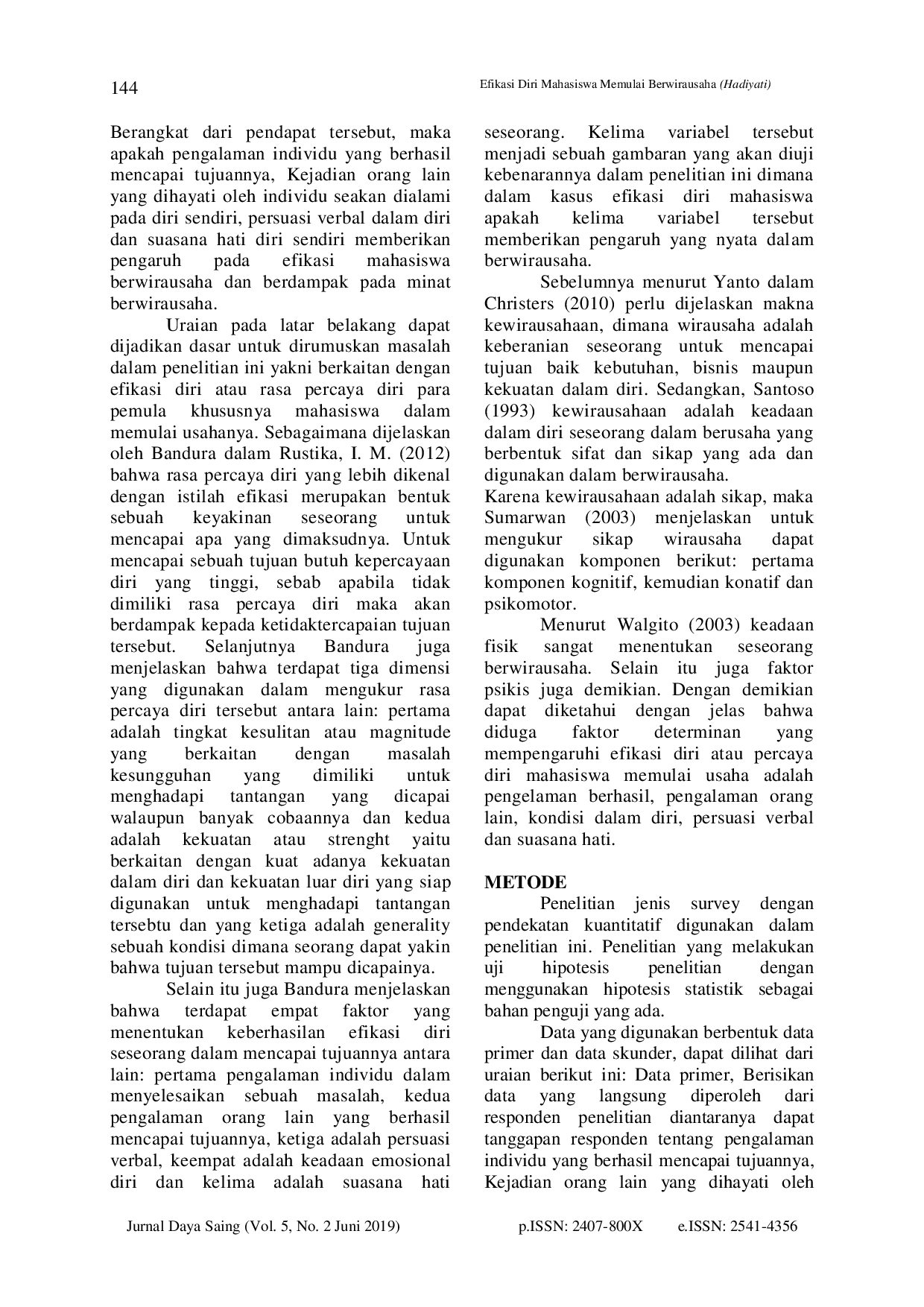 juris Efikasi Diri Mahasiswa Memulai Berwirausaha