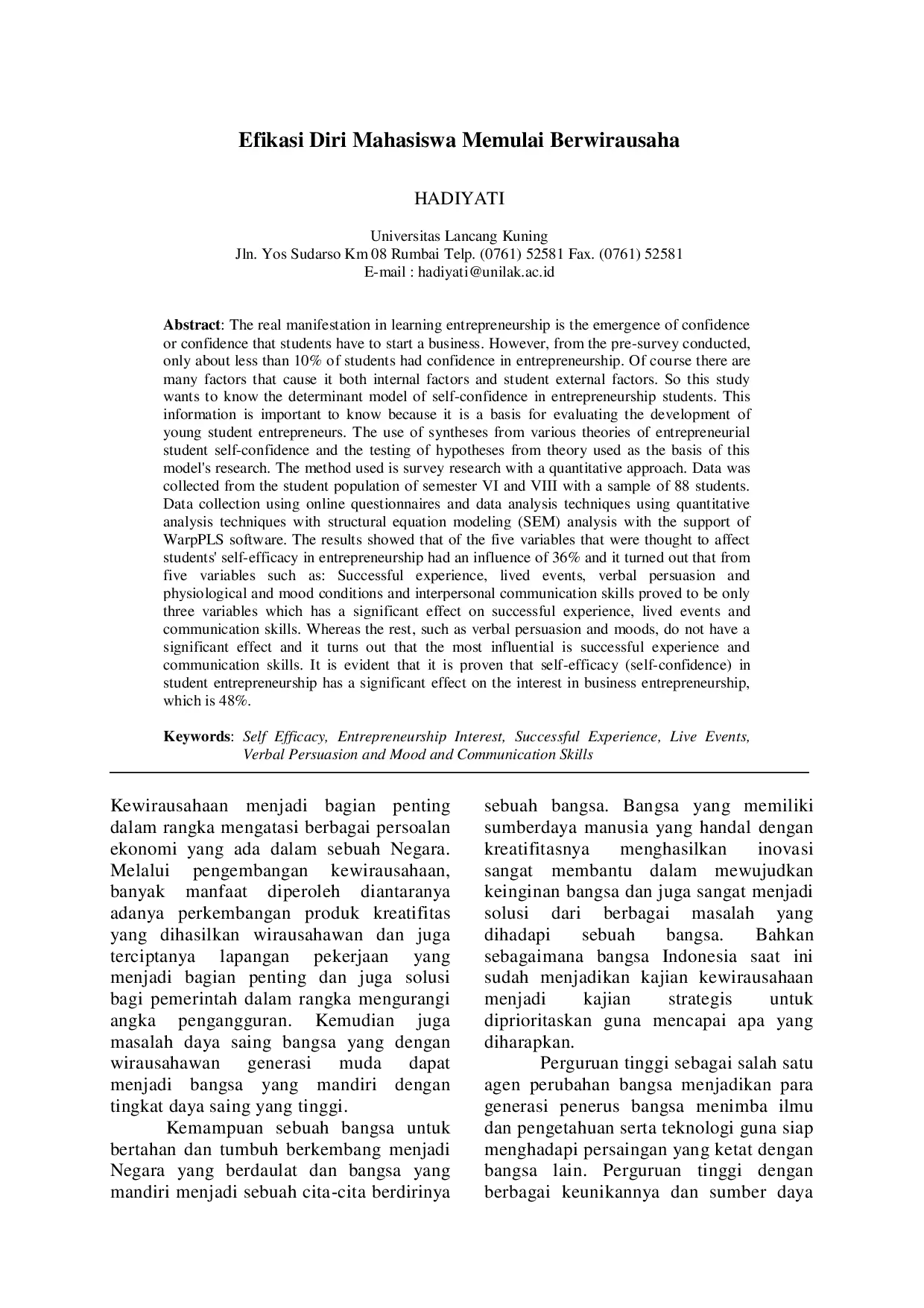 juris Efikasi Diri Mahasiswa Memulai Berwirausaha