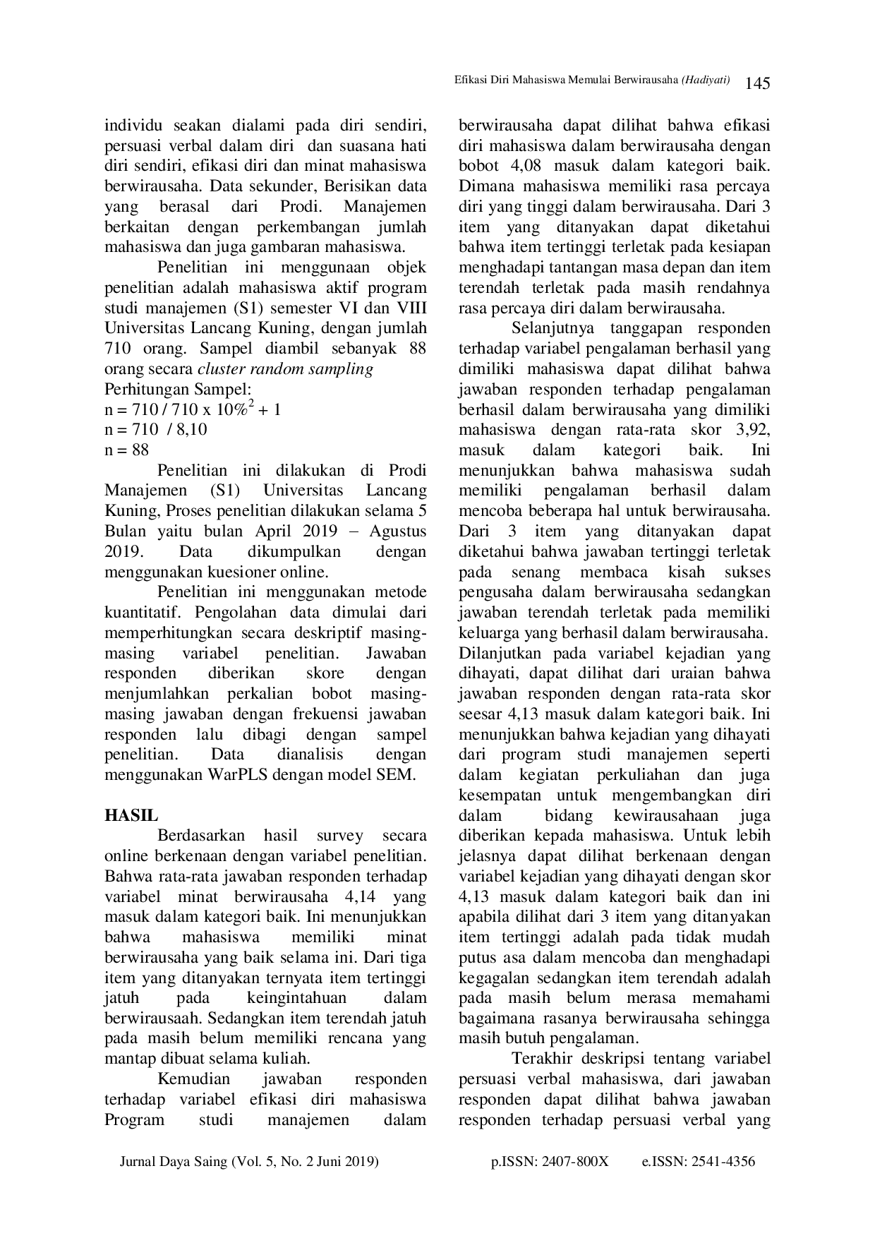 juris Efikasi Diri Mahasiswa Memulai Berwirausaha