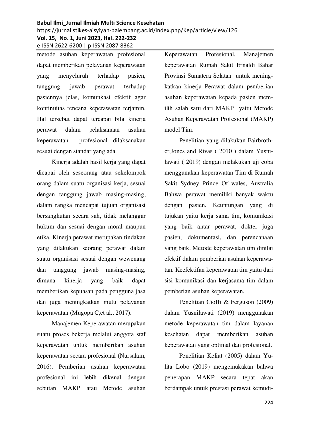 JURIS Hubungan Penerapan Manajemen Model Asuhan Keperawatan Profesional MAKP Tim Terhadap Kinerja Perawat Pelaksana