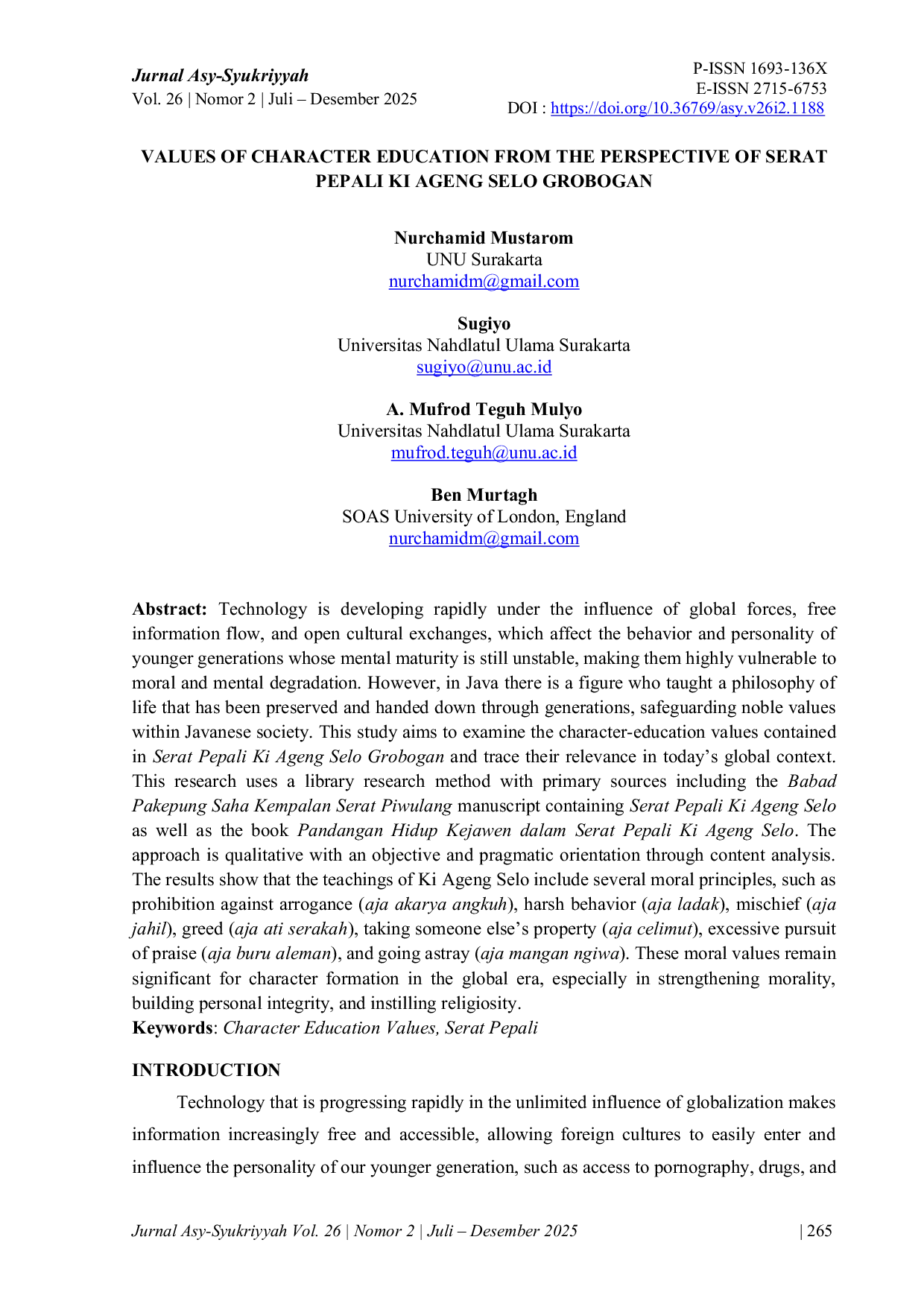 JURIS Values Of Character Education From The Perspective Of Serat Pepali Ki Ageng Selo Grobogan