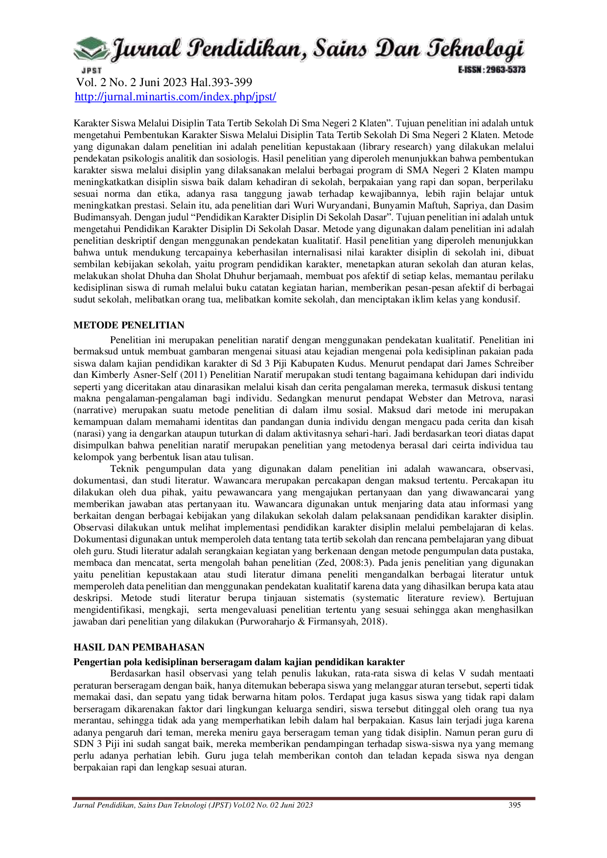 JURIS Pola Kedisiplinan Pakaian Pada Siswa Dalam Kajian Pendidikan Karakter Di SDN 3 Piji Kabupaten Kudus