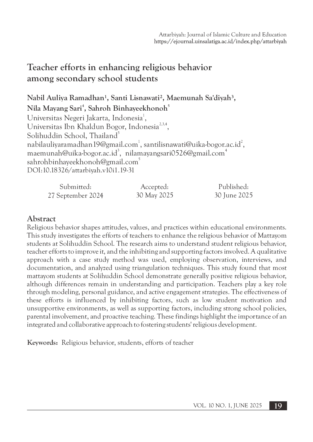 juris Teacher efforts in enhancing religious behavior among secondary school students