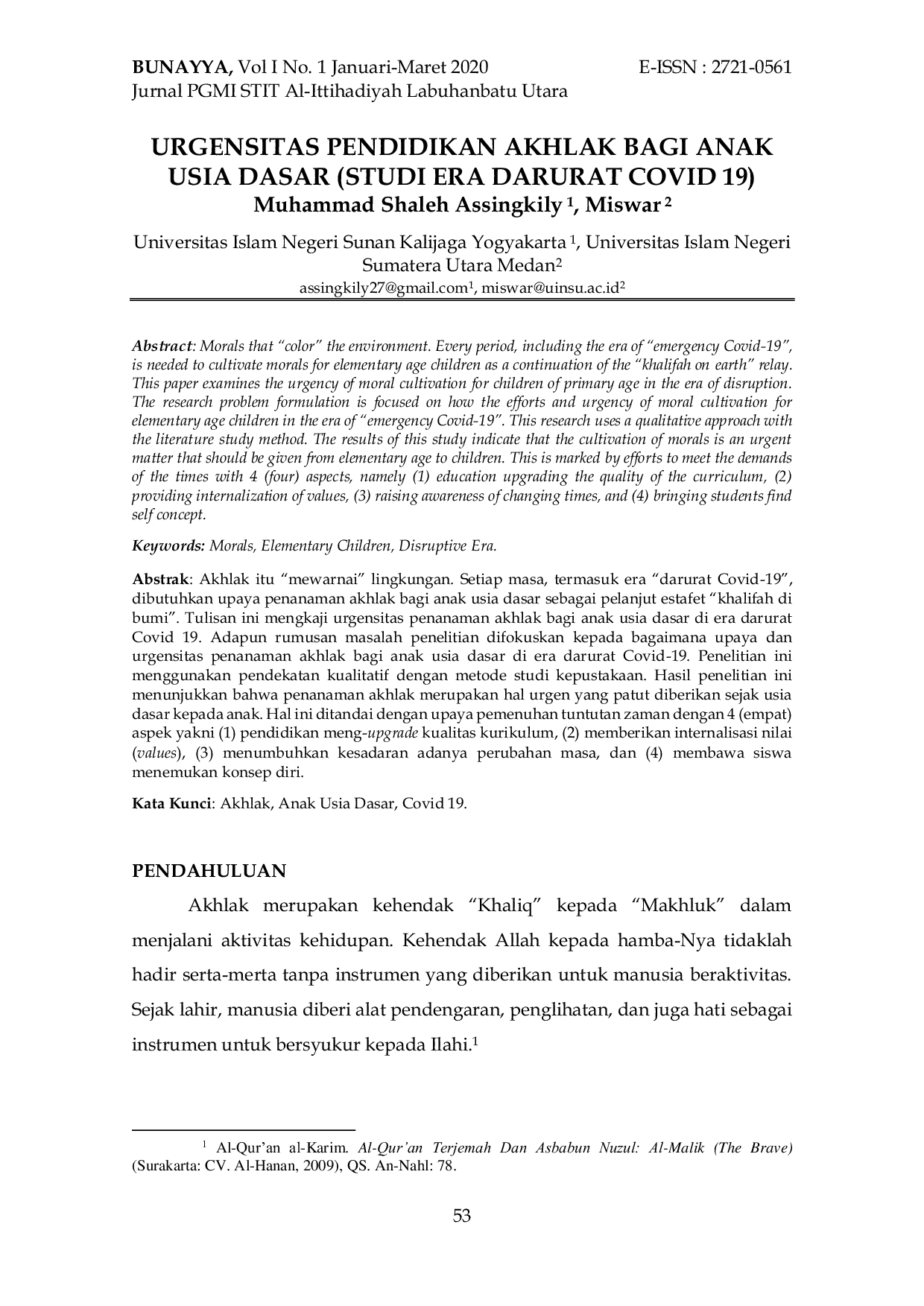 JURIS Urgensitas Pendidikan Akhlak Bagi Anak Usia Dasar Studi Era Darurat Covid 19